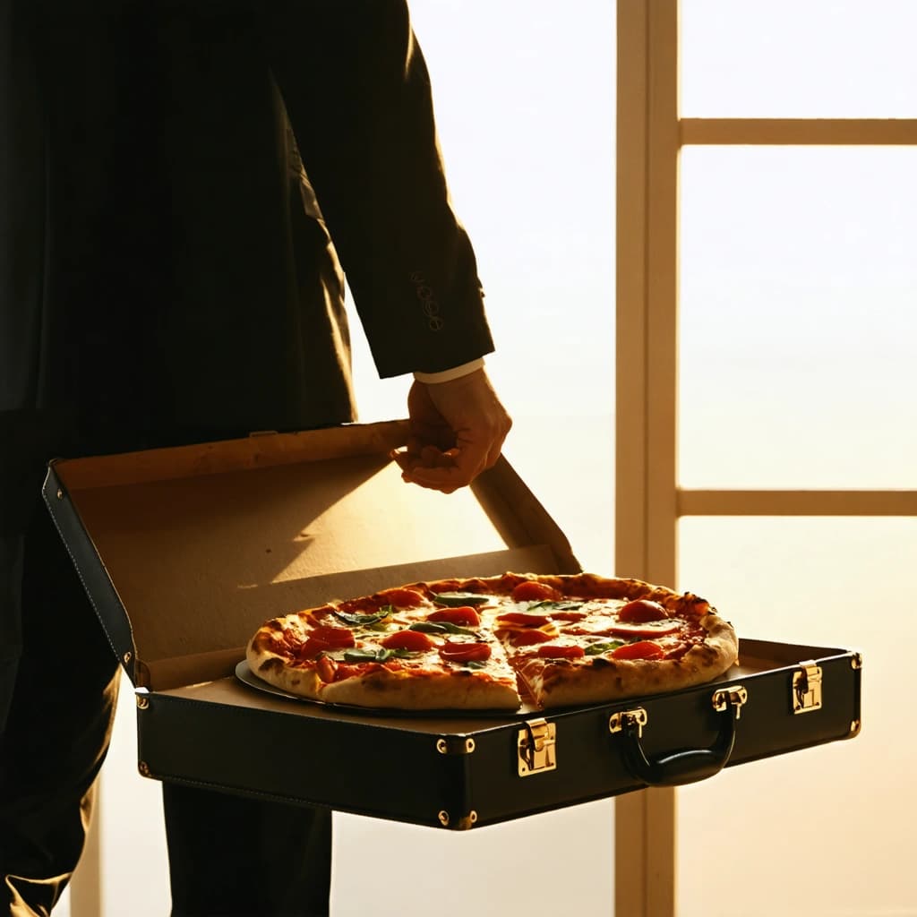 "Craft a high-quality, photographic image that encapsulates a peculiar instance: a business professional, donned in elegant attire, unlatches their sleek leather attache case to uncover a whole, tantalizing pizza. The scene is bathed in the warm, golden light of sunset streaming in through a nearby window, casting dramatic shadows and enhancing the sheen on the briefcase. Use a low angle shot for a more intimate view of the scene, aligning the briefcase and pizza off-center for a