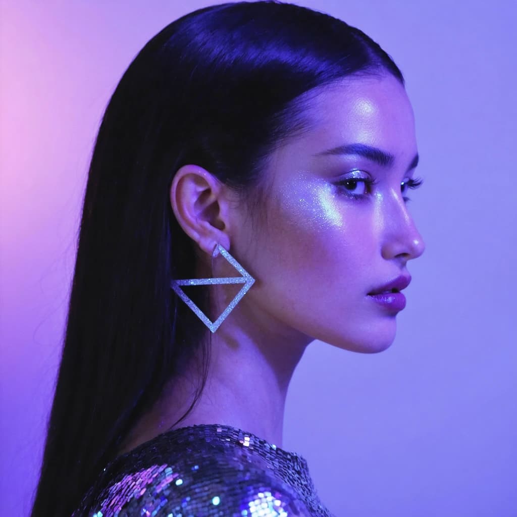 hyper-realistic portrait of a striking female model with long, sleek black hair cascading over her shoulders. Her skin glows with a soft radiance, subtly illuminated by cool purple and blue ambient lighting. She wears a shimmering metallic sequin top that catches the light with every contour, paired with bold, sculptural geometric earrings. Her makeup is dramatic yet refined — a blend of metallic eyeshadow, precision-lined eyes, and glossy plum lips that accentuate her confident mystique. Her expression is enigmatic, her gaze indirect, with a slight head tilt that suggests both strength and allure. The backdrop is a softly blurred city nightscape — moody and cinematic, with hints of diffused bokeh lights glowing in the distance. The tones are rich but not oversaturated, creating an atmosphere of quiet, modern glamour.

✨ Enhanced Style Tags:
hyper-realistic, cinematic lighting, soft ambient color, elegant bokeh, high-gloss skin, moody city night, editorial fashion, understated drama, modern mystique