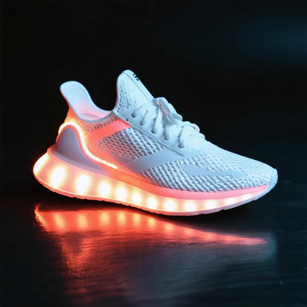 Create a photographic image that captures the essence of luxury and futuristic design, focusing on a premium athletic running sneaker. The sneaker, made from breathable white mesh fabric with striking neon-orange accents, is showcased. Its lightweight matte silver midsole, deep traction outsole, reinforced heel, and reflective details are illuminated under soft top light to highlight subtle textures, with additional vertical LED strips casting neon-orange reflections. Positioned on a flawless black mirror floor within an infinity room, the sneaker and its crisp white laces are reflected multiple times, creating a seamless symmetry that merges with the deep black background fading into infinite reflections. Capture this scene with a 70mm lens at f/4 aperture, ISO 100, ensuring an 8K resolution that emphasizes the luxurious, ultra-clean aesthetic, the sneaker's intricate materials, and the dynamic contrast of neon-orange against white, all while maintaining a sharp focus and a slightly tilted, dynamic composition to capture the futuristic vibe.