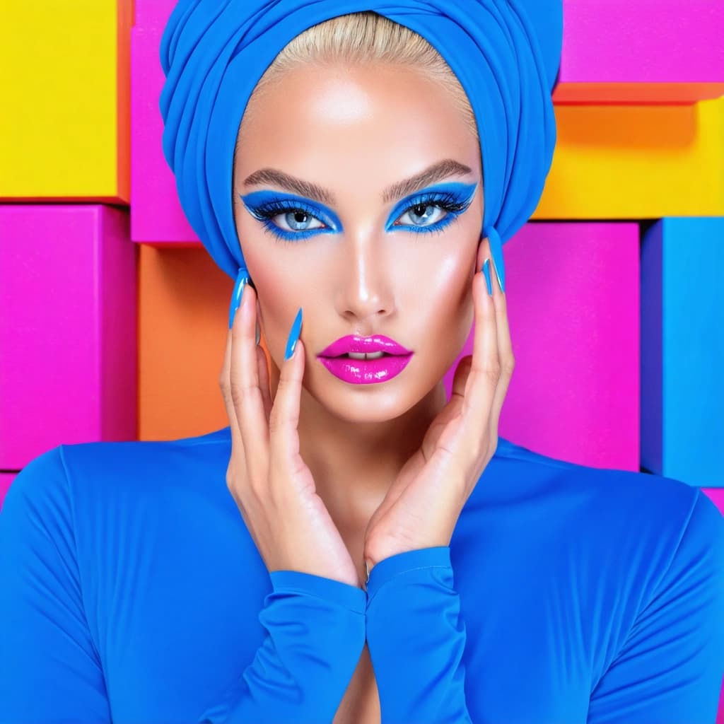 Craft a photorealistic image capturing a model exuding confidence and fashion-forward elegance. She should be portrayed with striking big eyelashes, bold blue eyeliner, and deep fuchsia lipstick, enhancing her expressive eyes and the texture and color variation in her lips. Her sleek blue top should contrast beautifully against her glossy nails, painted in a complementary shade, emphasizing the fabric's texture and the nails' glossiness. The unique photoshoot setup includes a modern, dynamic background of oversized, bright, colorful geometric objects in shades of yellow, pink, and teal, which blur slightly for depth of field, framing her face and adding energy to the composition. Soft, ambient lighting should illuminate her features, casting subtle shadows that highlight her skin's high-resolution texture maps and the volume of her eyelashes. The overall composition should balance using the rule of thirds, with a focus on candid expression, hair glossiness, and dramatic lighting angles to create a visually stimulating contrast that's both playful and structured.