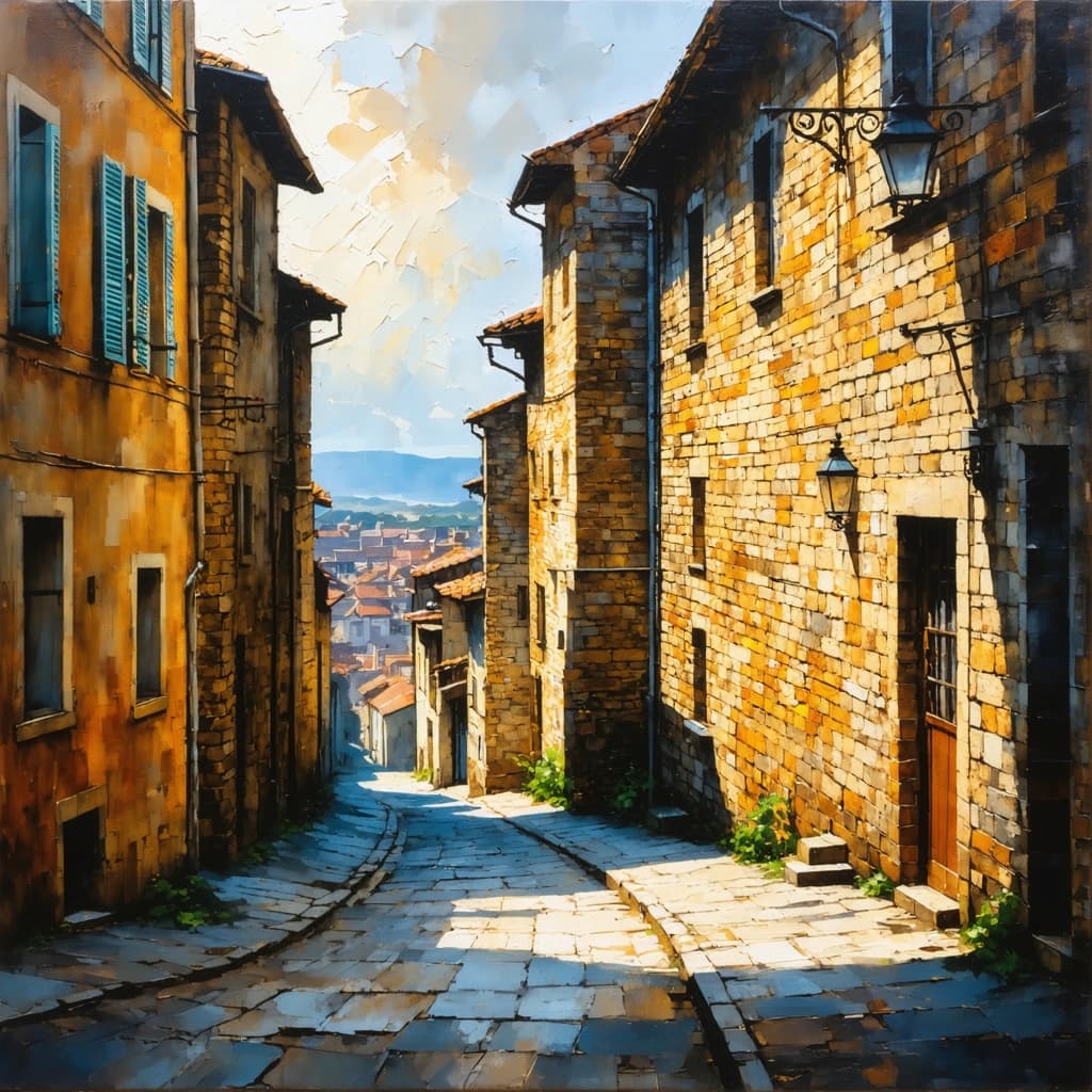 Textured oil painting of old European streets, warm sunlight, detailed brush strokes, stone and brick textures, nostalgic atmosphere, fine-art travel illustration style