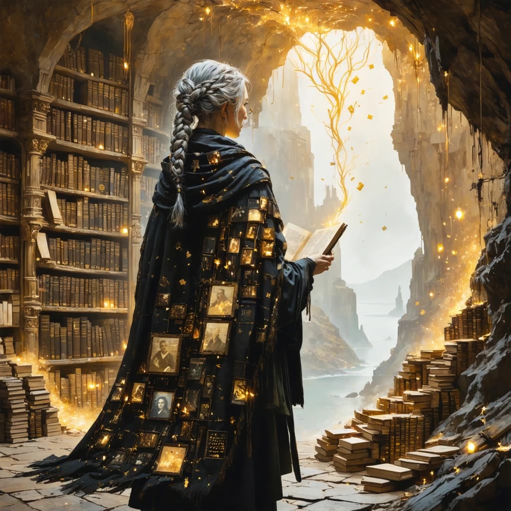 A highly detailed, cinematic portrait of a lone archivist standing at the threshold of a vast, surreal memory library built into a cliffside. The archivist is a middle-aged woman with copper-brown skin and silver-gray hair tied in long braids, wearing a heavy cloak made from patchwork fabrics that shimmer with embedded symbols and fragments of old photographs. Her expression is calm, wise, and slightly sorrowful. In one hand she holds an illuminated tome made of translucent crystal, and from its pages, golden threads of memory rise and float into the air like delicate smoke. The environment behind her is softly lit by bioluminescent moss, towering stone shelves, and a glowing teal mist. Earthy browns, soft blues, warm gold highlights. Surreal but grounded. Cinematic lighting, painterly concept art style, non-anime, high realism with dreamlike texture.