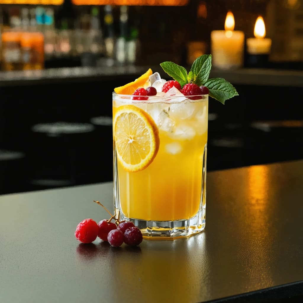 Craft a photographic image capturing a vibrant, citrus-infused mocktail poised elegantly on a reflective counter. The scene is softly illuminated by the moody glow of candlelight, creating an intimate ambiance. Positioned under warm, moody bar lights, the main subject gleams with a velvety soft drink surface, detailed by the macro close-up of citrus zest. Fresh berries and aesthetic decor adorn the glass rim, adding a touch of elegance. Utilize the rule of thirds for a balanced composition, with selective focus sharpening the intricate glass details and textures, while the background melts into a creamy blur of custom-shaped bokeh lights. The overhead perspective reveals the dynamic angles of the drink, and the citrus-inspired color palette breathes life into the scene. Creative reflections in water droplets on the counter add a layer of complexity, enhancing the warm-toned filter that envelopes the scene in a moody ambiance.