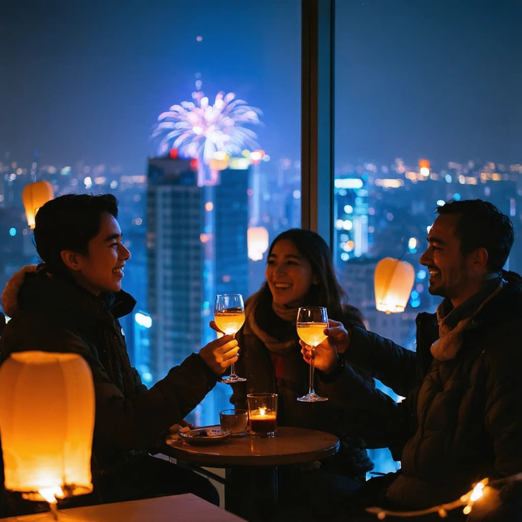 Capture a photographic image of a bustling city skyline at night, bathed in soft ambient lighting that emanates from skyscrapers adorned with festive lights. Imagine a scene where people from diverse cultures gather on rooftops and terraces, their faces illuminated by the gentle glow of lanterns floating into the night sky. They are holding glasses, sharing laughter and smiles, encapsulating candid moments of joy as they toast. In the background, fireworks explode, casting vibrant reflections off the glass windows, adding dynamic bursts of rich blues and golds to the urban tapestry. The composition should offer an overhead rooftop view, providing a sense of cinematic depth with a foreground bokeh effect that brings out the individual expressions and natural textures of the highly detailed crowd below. This urban New Year celebration is a blend of dramatic skyline silhouettes against a dramatic sky, all captured with sharp focus, realistic textures, and a depth of field that lends a cinematic composition to the scene.