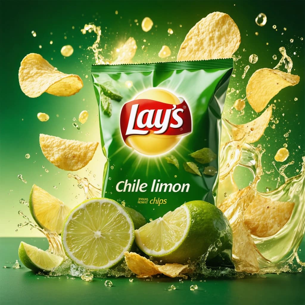 "Weave a visual symphony with a photograph, positioning the vibrant packaging of Lay's Chile Limón chips as the heart of the story. A microscopic close-up is desired, bringing to life the intricate craftsmanship of the packaging, illuminated by an effervescent burst of colors to signify the explosion of flavors within each bite. The scene should be wrapped in an ethereal ambiance, displaying chips delicately suspended mid-air, arranged organically as if captured in a gentle breeze. Intermingle zesty citrus fruit slices to amplify the flavor narrative, adding an extra layer of sensory engagement to the tableau. The backdrop should challenge the bold hues of the packaging, carving out a striking contrast that magnifies its design elements. Use intentional blur effects to narrate a tale of motion, throwing focus on the glittering seasoning crystals and strategic logo highlights as an ode to the brand's persona. Arrange the composition on a shimmering glass surface, artfully capturing the chips' reflections. Adopt a natural light palette reminiscent of a sunlit day to accentuate minute details using a cinematic lens. Ensure the image boasts an 8k resolution, realistic textures, and a compelling depth of field that invites viewers into this gastronomic journey."
