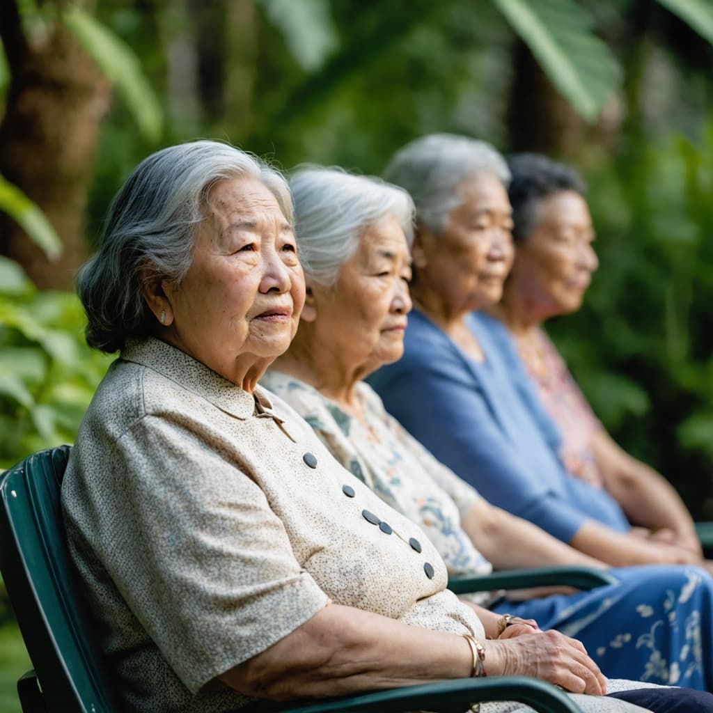 Create a photographic image capturing the serene essence of elderly individuals seated in a lush garden, embodying tranquility and timelessness. The lighting is soft and diffused, mimicking the gentle, overcast daylight that softly illuminates their features, highlighting detailed wrinkles and natural skin textures through subtle dodging and burning techniques. Their expressions are calm, reflecting a lifetime of experiences, framed by the rule of thirds for a balanced, cinematic composition. The image should boast a technicolor palette with muted greens, softly blended with the surroundings to harmonize nature and subject. Enhance the mood with a hint of sepia toning, adding a nostalgic touch to the analog realism. The 35mm film aesthetic is pivotal, complete with visible film grain to enhance the hyperrealistic photograph's authenticity. Aim for a high-resolution capture, ensuring clarity and depth, with a controlled depth of field to subtly emphasize the subjects over the soft-focused garden background. Color grading should be selective, aiming to enrich the image without overpowering its natural beauty.