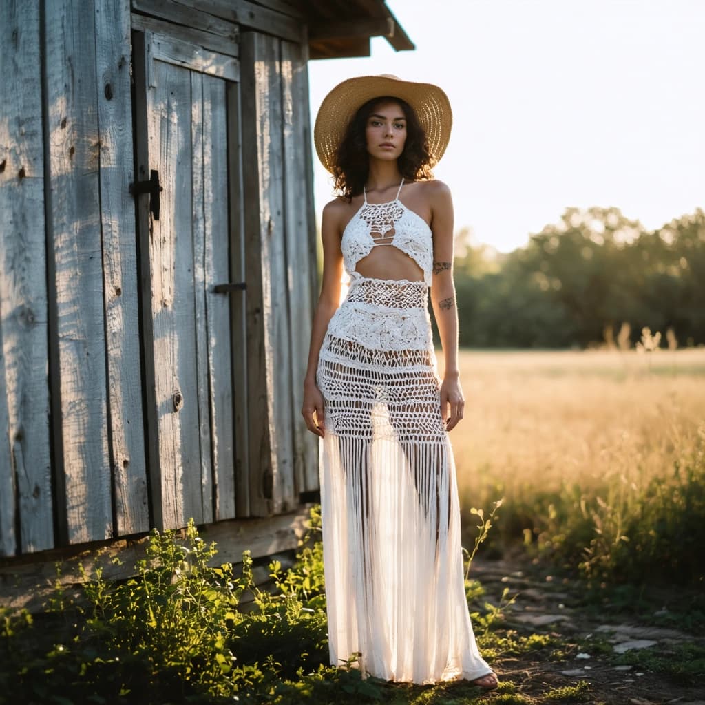 Fashion model standing beside an old wooden barn, wearing a light boho crochet crop top and long flowy skirt, wide-brim straw hat, warm golden sunlight casting soft shadows, pastel countryside landscape, editorial fashion photography, romantic rural atmosphere, cohesive summer fashion vibe