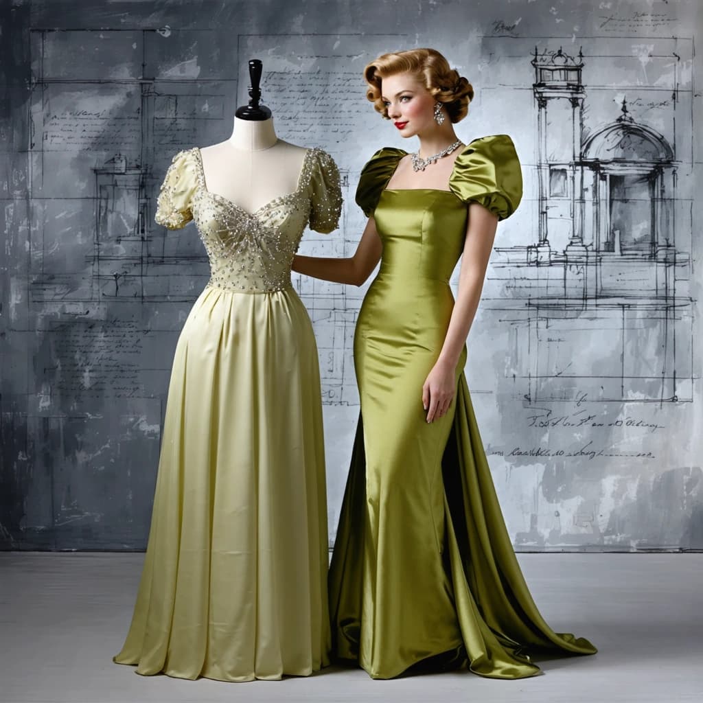 Craft a photographic image capturing a glamorous 1940s-style fashion model, draped in a luxurious olive-yellow evening gown with puffed sleeves and crystal embellishments, standing beside a mannequin adorned in an embellished bodice. Illuminate them with soft spotlighting, highlighting the intricate fabric textures through macro close-up shots. Position the model in a dynamic pose, interacting with the mannequin as if mirroring its gestures, against a gray textured backdrop filled with elegant dress sketches and handwritten design notes. Style her with retro Hollywood makeup, vintage waves hairstyle, and include a vintage vanity table to enhance the setting. The composition should evoke a vintage couture fashion plate, with a shallow depth of field to focus on the model and her interaction with the mannequin. Apply a painterly texture overlay for artistic flair, and ensure the image has crystal embellishments close-ups, a confident gaze from the model, subtle vignetting, and skin smoothing for a photorealistic yet artistic rendering. Emphasize cinematic soft shadows to create depth, styled like a high fashion editorial piece from the golden era of Hollywood.