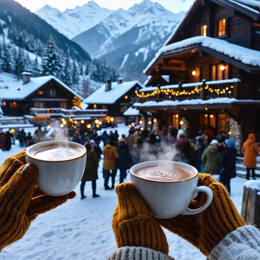 "Envision a quaint mountain hamlet, ensconced amidst snowy peaks, kissed by the soft light of twilight. Inhabitants of various heritages and cultures congregate in the crisp outdoors, bundled in comforting winter attire, clutching cups of steaming cocoa, their cheeks flushed with warmth and their hearts filled with merriment. Gentle golden radiance seeps from the timber cabins, creating a tranquil yet vibrant tableau against the pristine snow..
different face , holding only one cup

Simultaneously, a spectacular display of fireworks explodes in the darkening skies, illuminating the frosty peaks in a kaleidoscope of colors. The landscape should boast realistic textures of fresh, untouched snow, reflecting the natural and ambient lighting that lends a magical, cinematic aura to the scene. The scenario should be replete with dynamic human interactions, capturing the contagious laughter, and candid moments that characterize the heartwarming celebration of the New Year."