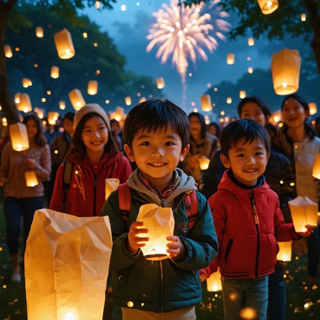 Create a high-resolution, photographic image capturing the essence of a large city park at night, brimming with families and friends of diverse backgrounds. They are gathered together, releasing paper lanterns into the sky, their faces illuminated by the warm, soft glow. Children, in a mix of casual and vibrant cultural attire, assist adults in lighting the lanterns, their expressions filled with hope and joy. In the backdrop, fireworks add a gentle sparkle to the night sky, their light reflecting off a nearby lake with soft ripples, enhancing the scene's serene beauty. The image should convey realistic crowd dynamics, showcasing natural interactions and genuine emotions. Incorporate cinematic depth by emphasizing foreground elements and playing with depth of field to create a bokeh effect, adding a layer of magic to the scene. The composition should be dynamic, utilizing angles that capture the motion and energy of the moment, with a focus on the textures and details of the fabrics. The setting is lit by the natural and soft warm lighting of the lanterns, highlighting the colorful cultural garments and creating a warm, hopeful atmosphere for welcoming the New Year.