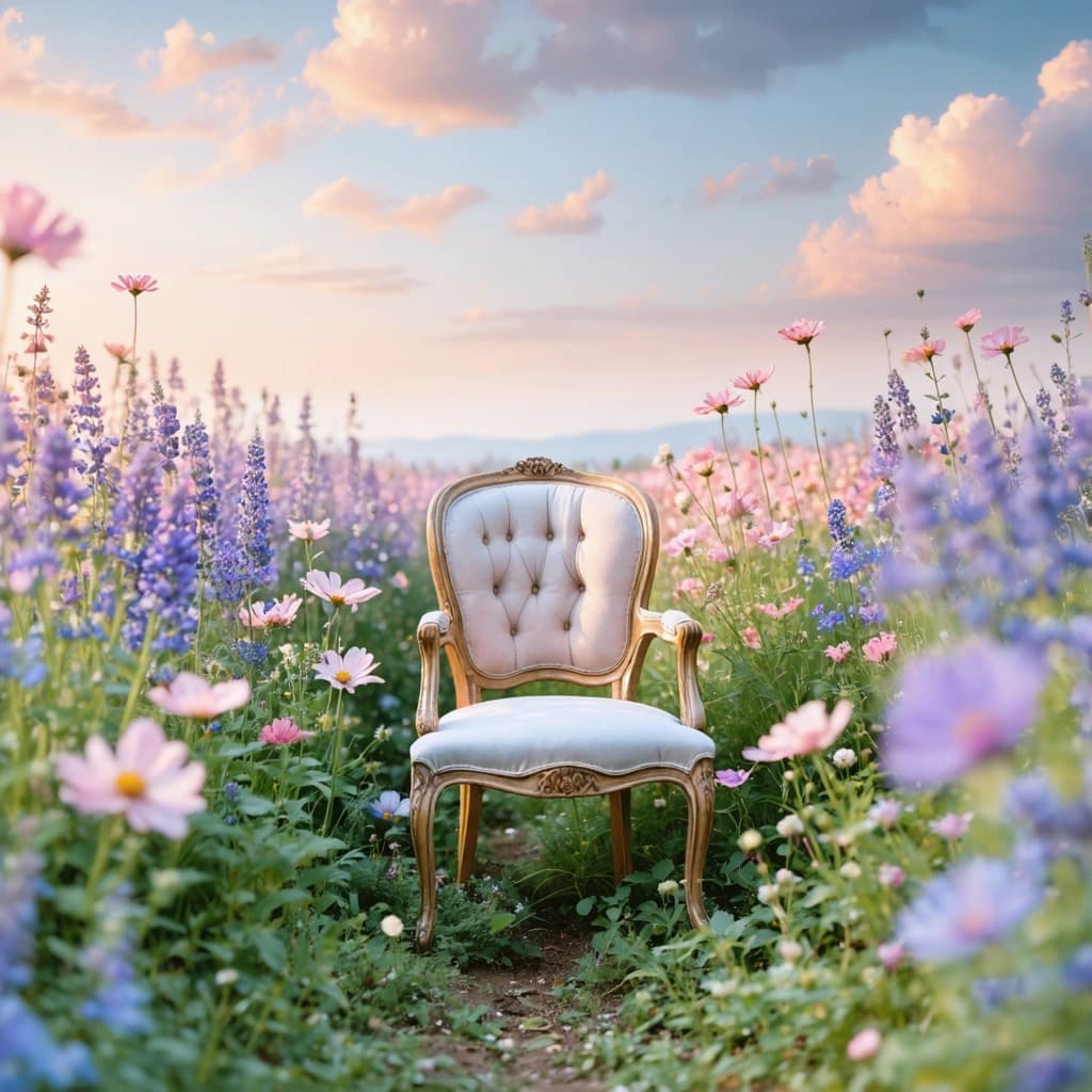 A hyper-realistic, dreamlike photo of a serene flower field bathed in soft, pastel shades—lavender, blush pink, baby blue, pale peach, mint green, and creamy yellow. The field stretches into the distance with delicate, uniquely shaped flowers swaying gently in the breeze. In the middle of the field sits a solitary vintage chair—worn but elegant—with soft linen fabric in a muted cream or dusty rose tone, casting a gentle shadow on the grass. The composition evokes calm and quiet mystery, with a shallow depth of field bringing the flowers and chair into focus while the background softly blurs. Golden hour light adds a gentle glow to the petals and highlights textures. Hints of wild butterflies and pollen specks float in the air. Ultra-realistic, cinematic photography style, shot with a 50mm lens, pastel color grading, soft bokeh, Canon EOS R5 quality.