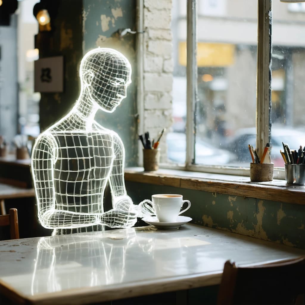 Craft a photographic image capturing a serene, humorous moment inside a café where human-like glowing ideas are the patrons. The main subject is a half-finished painting shaped idea, sipping coffee with a textured cup, embodying a moment of thoughtful contemplation. This idea is in sharp focus, under soft natural midday light streaming through windows, creating a shallow depth of field that gently blurs the surroundings. Other ideas include a film scene holding a lunch tray and a tired, small glowing product sketch slumped over a chair. Some ideas nap with comic balloon snoring Z's above them, while others stare out the window, reflecting passing clouds and their own glow on the polished table surfaces. The setting is asymmetrical, filled with premium textures and cinematic details like the reflective windows and soft shadows under napping ideas. The warm glow of the ideas contrasts with the cool tones of the café, enhancing the color contrast. A broken paintbrush beside the half-finished painting idea adds emotional depth. All elements combine to tell a premium visual story of poetic surreal realism, infused with calm and humor.