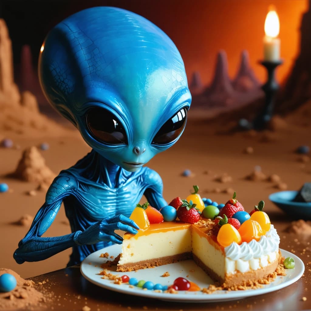 "Design a digital art piece illustrating an enchanting scene of a blue-headed, single-eyed alien discovering a cheesecake on Mars. The alien, featuring luminous eyes and intricate scales, studies the dessert with a bewilderment. The cheesecake, elegantly garnished with creative toppings, rests on a high-tech, glossy table. Use vivid, dramatic lighting to intensify the scene's intrigue, contrasting the deep blue of the alien with the fiery Mars landscape for an alluring color conflict. Arrange