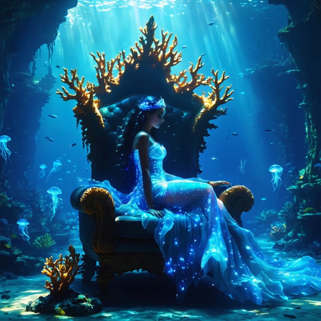 Create a photorealistic image capturing a majestic mermaid queen with flowing bioluminescent hair, seated on her coral throne in the heart of her underwater kingdom. The lighting should be soft and diffused, mimicking the gentle caress of sunlight filtering through the water's surface, casting subtle reflections and shimmering light rays from above. This underwater realm is alive with oceanic hues, where the glossy textures of coral and the intricate scales of the mermaid queen herself are highlighted. Her throne is guarded by ethereal jellyfish knights, embodying a perfect blend of fantasy and the deep sea's natural wonder. The mermaid queen, adorned in flowing silk fabric and golden accents, poses regally, her expression one of serene command. Surrounding her, the environment thrums with the magic of soft underwater currents, sparkling light particles, and the subtle bioluminescence inherent to her domain. All these elements should come together in a dynamic, cinematic composition that emphasizes depth and perspective, particularly through foreground elements that draw the viewer into this captivating scene.
