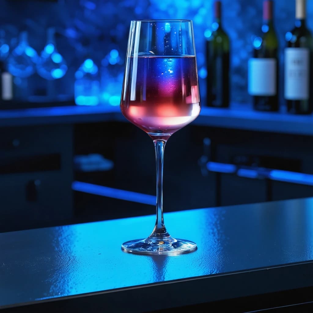 Elevate this prompt: "Capture an ultrahigh-resolution 8K cinematic frame that presents an elongated-stem wine glass, brimming with a hypnotic beverage displaying a seamless blue-magenta gradient. Position it a touch to the left of the center on a slick, obsidian-black countertop. Use subtly diffused overhead lighting to cast a soft spotlight, subtly emphasizing the glass' rim and the dewy condensation beading its surface. Incorporate mirror-like reflections on the polished counter and a soft, ethereal mist wispily trailing in the backdrop. Shoot from a slightly elevated front angle for a tasteful blend of sophistication and authenticity, evoking the aesthetic of high-end catalogue photography."