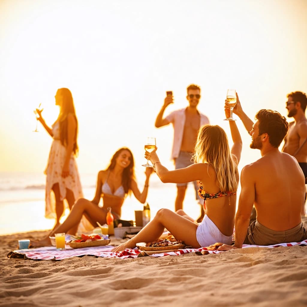Create a photographic image capturing a golden sandy beach at sunset with soft, warm lighting casting long shadows across the scene. From a perspective that draws the viewer's eye to the horizon, show adults from diverse cultures along the waterline, dressed in casual summer attire or light festive outfits. Couples hold hands, hug, and laugh, some taking photos with smartphones, others raising glasses of sparkling wine or tropical cocktails in toasts against the backdrop of colorful fireworks reflected in the shimmering ocean. Friends sit on colorful picnic blankets, sharing food and animated conversations, while a few individuals dance barefoot near the water’s edge, swaying to soft festive music from portable speakers. Enhance the image with realistic human poses, varied expressions of joy, awe, and laughter, and natural interactions. The lighting should emphasize the cinematic composition, with the wet sand reflecting subtle shadows and textured footprints, and the ocean spray lightly misting nearby. Incorporate atmospheric details like glowing lanterns and sparklers in the hands of adults, creating a hopeful, vibrant, and emotionally uplifting atmosphere. The image should be in 8k resolution, highly detailed, with professional photography quality, sharp focus, realistic textures, natural lighting, and a deep field to capture the intimate and communal moments, emphasizing the magic and festive atmosphere of the New Year.