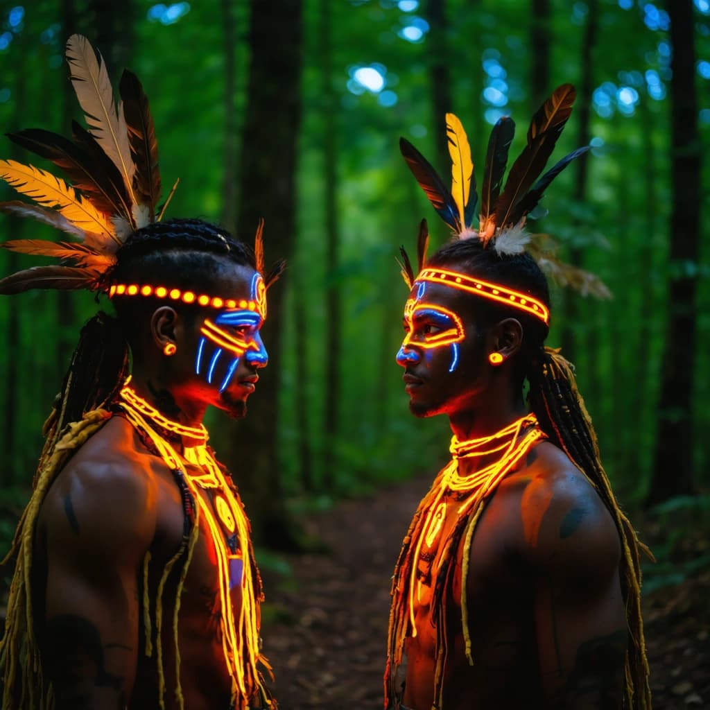 Hyper-realistic cinematic photo of two human tribal individuals standing side by side in a dense forest, captured in side profile, facing slightly away from the camera, their faces partially lit by filtered sunlight through the trees. Their skin is decorated with striking neon face art in glowing patterns—electric red, vibrant blue, bright green, mustard yellow, and soft orange—contrasting vividly against earthy brown skin tones. They wear natural tribal attire made from handwoven fabrics, feathers, and wooden beads, in deep browns, mustard, and muted green shades. The forest background is rich with texture: moss-covered trees, scattered leaves, and mist hanging in the air. The color theme of the image blends harmoniously—tones of red, blue, green, mustard, yellow, and brown dominate the scene. Dramatic natural lighting with soft shadows, shallow depth of field focusing on facial texture, pores, paint, and details of garments. Shot with a Canon EOS R5, 85mm lens, f/1.4, ultra-HD, National Geographic-style realism.