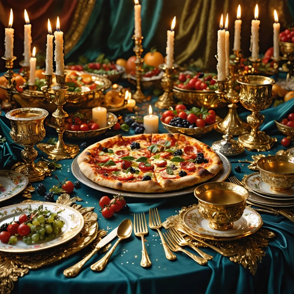 Imagine a lavish Renaissance-style banquet, the table set under the soft glow of candlelight that casts warm, inviting shadows across the scene. At the heart of this opulent feast lies a majestic pizza, its crust golden and toppings vibrant, surrounded by golden goblets that shimmer with reflected light. The table is adorned with rich, jewel-toned fabrics, adding depth and luxury to the composition. Vintage tableware and decor, each piece meticulously chosen for its period accuracy, are arranged to enhance the scene's authenticity. An overhead shot captures the arrangement in stunning detail, emphasizing the textures of the food and the intricate patterns of the table setting. The image is bathed in high contrast lighting, highlighting the gleam of gold leaf accents and gilded decorations, creating a tableau that is both appetizing and artistically compelling. Soft focus lends an ethereal quality to the edges of the image, drawing the eye to the sumptuous feast and the storytelling elements that evoke a bygone era of splendor.
