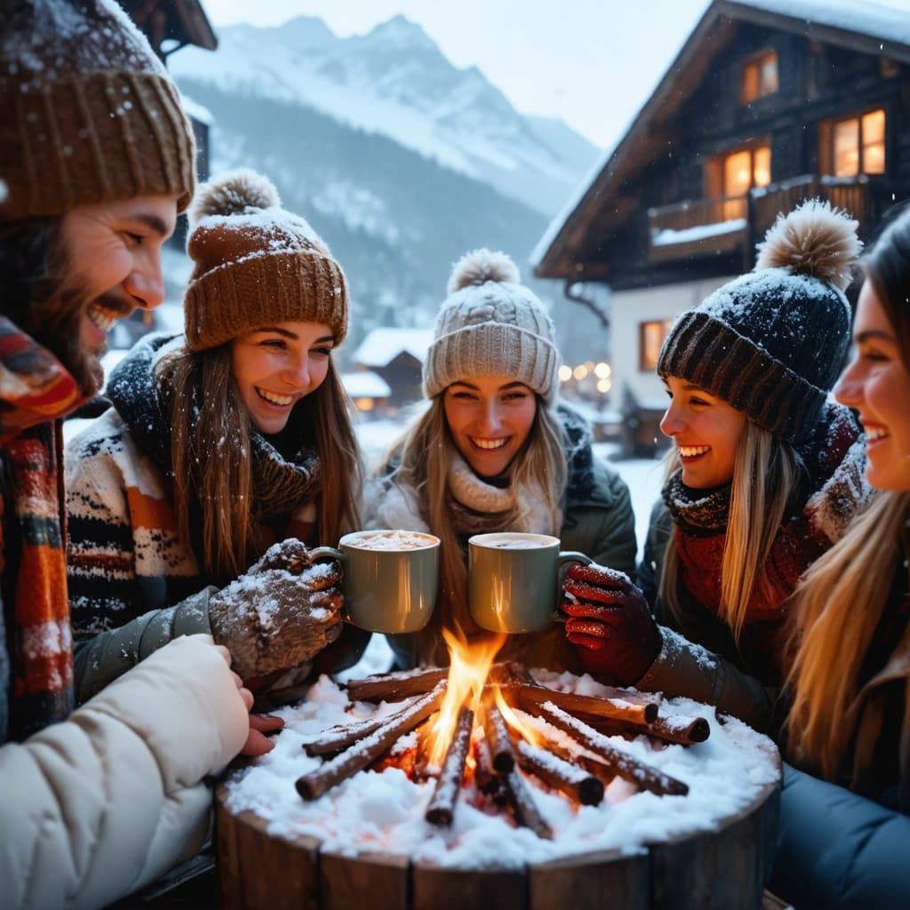 Craft a photographic image capturing a cozy mountain village blanketed in snow at twilight, where residents from diverse backgrounds gather outdoors. They are clad in warm winter attire, showcasing textures like knit patterns and fur accents, and are holding mugs of hot cocoa with steam rising in the cold air, sharing candid moments of laughter and joy. The cabins are softly lit from within, casting a warm golden glow through the windows, complemented by the soft, warm golden hour lighting that bathes the entire scene. Above, colorful fireworks burst in the sky over snow-capped peaks, adding a vibrant contrast to the serene snowscape. The scene is captured from a low angle to emphasize the grandeur of the mountains and the cinematic perspective of the gathering, with detailed snowflakes and icy textures underfoot. Natural winter elements like snow-covered pine trees and frosty branches frame the scene, and the atmosphere is imbued with a sense of depth and dimension through atmospheric perspective, enhancing the distance between the foreground celebration and the majestic mountains beyond. The composition is highly detailed, aiming for 8k resolution and professional photography quality, with sharp focus, realistic textures, natural lighting, and a depth of field that conveys a heartwarming New Year celebration at the moment the clock strikes midnight.