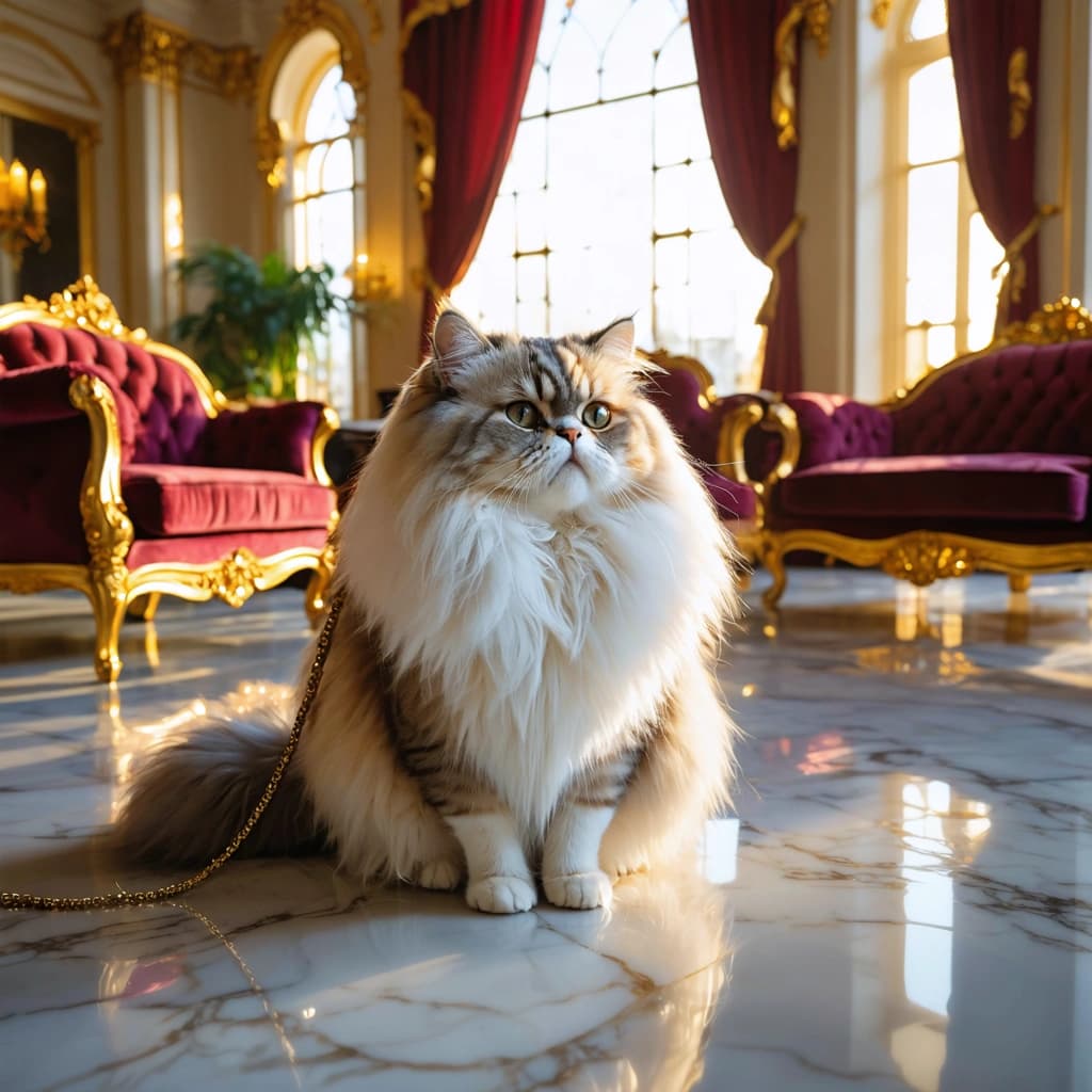 Create a highly detailed, 8k resolution photographic image capturing a serene, fluffy Persian or Himalayan cat poised calmly on the reflective polished marble floor of a luxurious mansion. The room bathes in the soft golden hour sunlight filtering through tall sheer curtains, creating rich, warm tones that enhance the scene's elegance. Surrounding the cat are velvet sofas and gold-trimmed furniture, their textures rich and inviting, contributing to the room's opulent atmosphere. The cat, wearing a delicate jewel-studded leash, has its eyes half-closed in a sly, confident expression, hinting at a playful moment as it yawns mid-scene. The composition is symmetrical, with a bird's eye view emphasizing the oversized furniture around, making the cat the clear, serene focus amidst an impending funny scenario. A shallow depth of field focuses on the cat and the immediate surroundings, especially the close-up velvet texture and the marble floor's reflections. A golden tray with treats subtly placed to one side adds to the composition, inviting a candid, dynamic moment under the rich jewel tones of the scene.