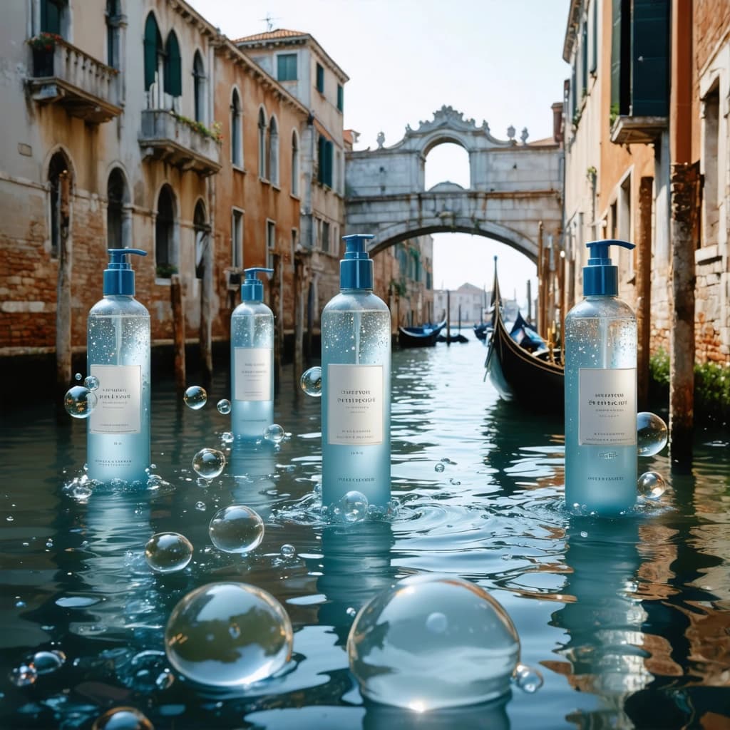 A cinematic, high-resolution product photo featuring multiple identical shampoo bottles, each encased in delicate transparent bubbles, floating randomly across a gently rippling Venetian canal. The scene is captured from a side-angle perspective, allowing the viewer to see the floating bottles at eye level as they drift naturally. The background showcases a richly vintage Venice — weathered stone buildings, faded pastel facades, and an ornate, old-world bridge with detailed arches, all softly lit with warm, diffused golden-hour light. A gondola drifts subtly in the distance, adding authentic Venetian charm. The water reflects the bubbles and bottles with soft ripples, while a shallow depth of field keeps the nearest bubble-encased bottle in sharp focus, allowing the rest to fade into a dreamy blur. The mood is ethereal, elegant, and timeless — blending clean product focus with romantic vintage ambiance.