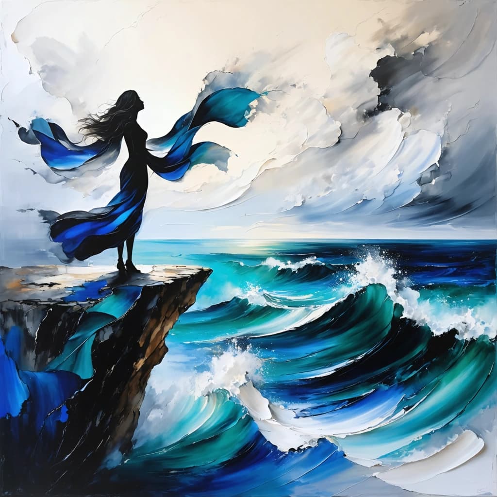 Envision an abstract art piece capturing a woman standing at the edge of a cliff, her silhouette merging with the dramatic, stormy vista before her. The ocean below is a tumult of expressive, bold strokes in moody blues and grays, waves crashing with dynamic, swirling patterns that evoke the wild sea breeze. Her scarf dances in the wind, its fabric indistinguishable from the air and water, painted with an acrylic style that emphasizes impasto technique for rich texture. The scene balances asymmetrical composition, with the woman on one side, overlooking the vast, stormy ocean. The mood is further enhanced by dramatic lighting, casting the scene in stark contrasts of light and shadow. Surreal distortions blend the elements together, while bird imagery dots the sky, adding symbolic depth. This composition explores contrast through smooth versus textured surfaces, notably in the rippling textures of the water and the smooth expanse of the sky. The overall effect is one of dynamic movement, with a narrative ambiguity in the woman's gestures and an emphasis on the foreground, inviting the viewer into a moment suspended between reality and abstraction.