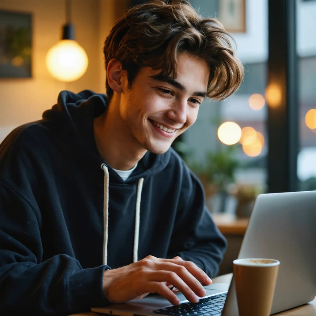 Capture a calm young adult, adorned with a genuine smile, as they're immersed in typing on a laptop. The setting is a cozy room bathed in soft warm lighting that enhances the mood. Compose the shot following the rule of thirds, with the subject casually sitting and the scene framed in a close-up, over-the-shoulder angle that highlights the ambient coziness. The depth of field should be shallow to focus on the young adult and their immediate surroundings, especially the soft fabric textures of the room and the strategically placed cup of coffee that adds to the narrative of a serene work session. The color palette is to consist of soft pastel tones, complementing the overall tranquil atmosphere. Incorporate subtle window reflections and a soft focus filter post-processing effect to add to the photo's depth and texture. The image should evoke a sense of warmth and comfort, inviting the viewer into this moment of peaceful productivity.