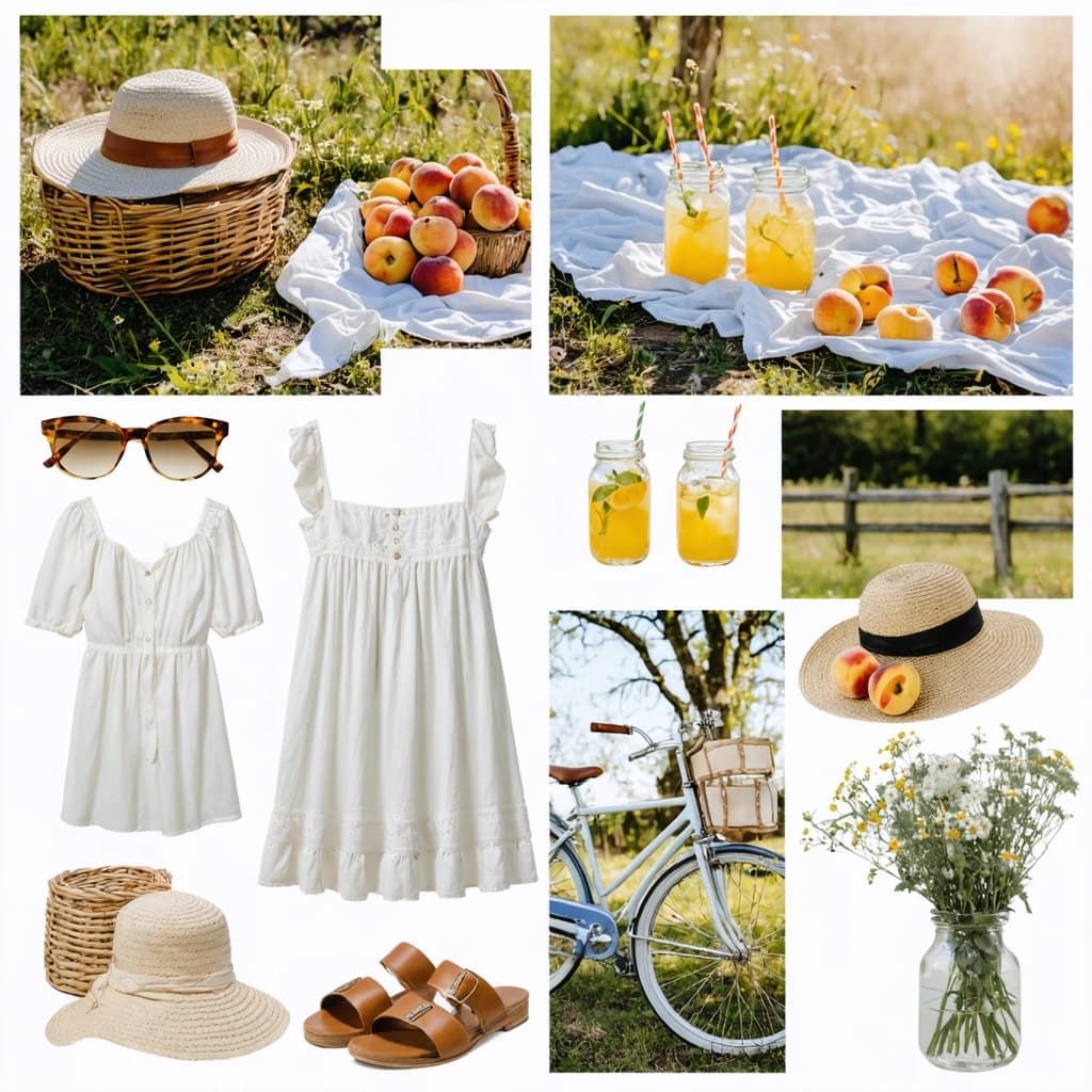 A cohesive summer countryside fashion moodboard featuring styled flat-lay and aesthetic object shots — straw hats with ribbon, woven baskets with peaches and wildflowers, vintage sunglasses, white linen fabrics, floral cotton dresses folded neatly, rustic wooden fence textures, worn leather sandals, picnic setups with lemonade in glass jars, dried flowers, a vintage bicycle with a flower-filled basket, lace-trimmed gloves, pastel scarves fluttering on a clothesline, soft golden hour lighting, pastel color palette, cinematic editorial photography style, arranged in a moodboard collage with 6–9 square images, Instagram aesthetic”
🛠️ Use Tips:
For moodboard grid tools, include: --grid layout, --collage format, or moodboard arrangement
Best ratio: 1:1 or 4:5
Add film grain, shallow depth of field, or soft focus to enhance editorial quality

