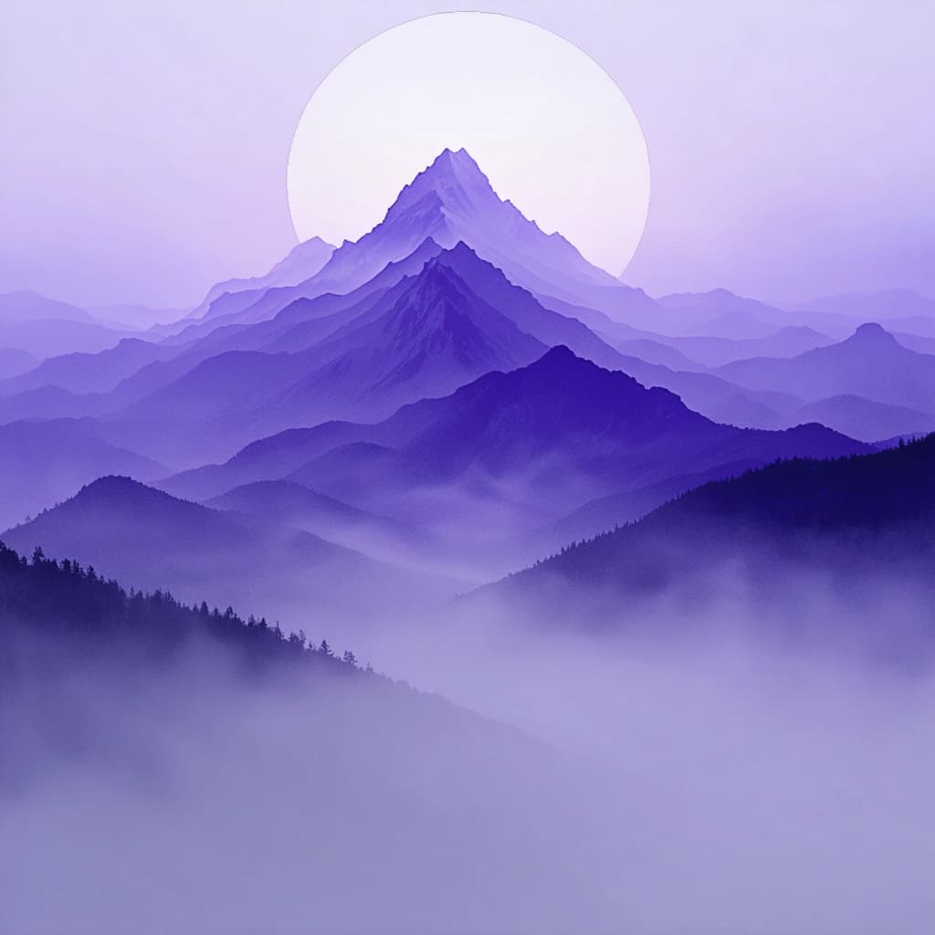 Craft a moody indie music album cover that breathes with the essence of abstract, layered mountain silhouettes emerging from a gradient purple fog. The scene is set in a minimalistic design approach, focusing on a balanced composition aligned with the rule of thirds. Central to this mystical landscape is a space reserved for text, seamlessly integrated with the mountain's contours, suggesting a harmonious blend of nature and narrative. The color palette whispers in purple and gray tones, evoking a serene yet profound ambiance. Enhance the image's texture with a grainy effect and a vintage paper overlay, adding depth and a tangible feel to the visual experience. Subtly incorporate musical symbols within the abstract elements, weaving in the essence of sound without overwhelming the design. The interplay of light and shadows should be dramatic, highlighting the mountains and fog, creating a captivating contrast that draws the viewer into a contemplative state.
