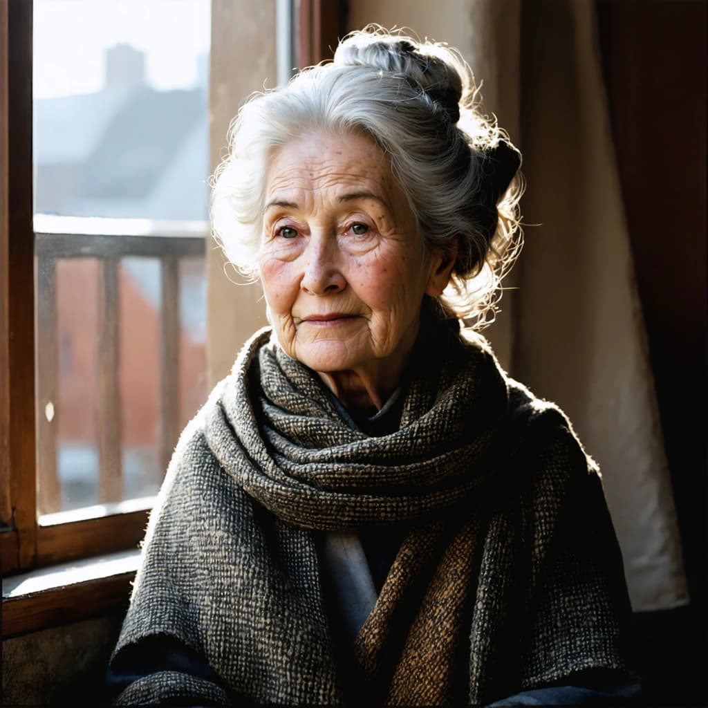 Craft a hyper-realistic image capturing the essence of an elderly woman, her silver hair elegantly tied in a loose bun, revealing the story of her life through deep, warm wrinkles. She wears a wool shawl, embodying warmth and wisdom. Illuminate her with the soft light of a nearby window, ensuring the scene is bathed in warm earth tones, enhancing the intimacy. Use an 85mm lens depth of field for a photojournalistic style, focusing sharply on her face to capture the subtle textures of her skin and the soft fabric of her shawl, while a gentle hand gesture and a symbolic object in the foreground add layers to her story. Her eyes meet the viewer's, sparking an emotional connection through a subtle smile. The composition adheres to the rule of thirds, creating a balanced and engaging portrait. Apply a soft focus post-processing effect to gently blur the background, ensuring the viewer's attention remains on her. The overall mood is serene, inviting the viewer to ponder the stories she might tell, as if she were about to speak in a quiet, reflective interview.