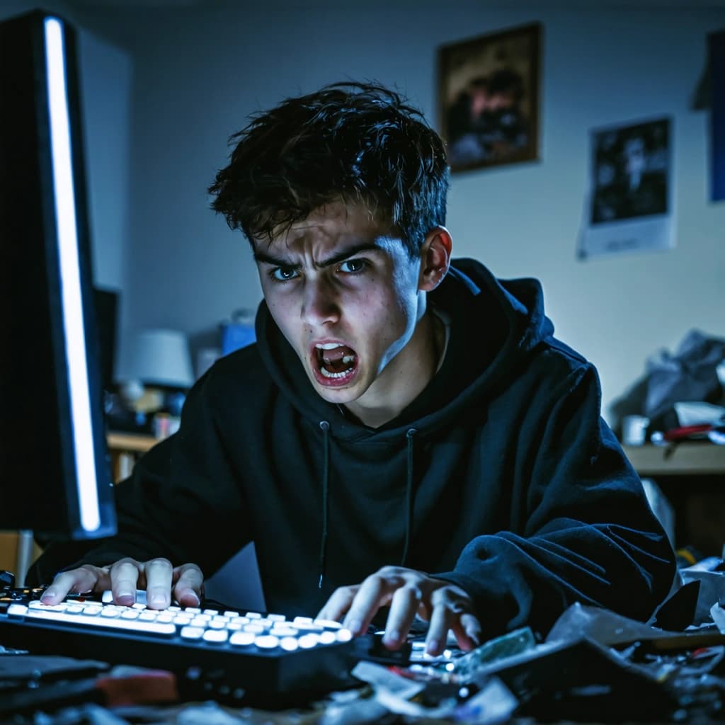 Create a highly detailed, 8k resolution photographic image capturing the essence of a young adult's frustration. The subject is a stressed young adult, found in the midst of a chaotic, messy room, typing intensely on a computer with an exaggerated expression of frustration. The lighting should be dramatic, employing harsh side lighting to cast deep shadows and illuminate the subject’s face, emphasizing the tension and emotional weight of the moment. The composition is a close-up shot, focusing intimately on the subject to capture the raw emotion and detail of the scene. The image should be rendered in high-contrast black and white, enhancing the dramatic mood and focusing on the gritty texture overlay that adds a layer of intensity and depth. The depth of field is shallow, ensuring the subject remains in sharp focus while the background blurs into a disarray of shadows and shapes, subtly suggesting the chaos beyond. This scene combines professional photography standards with a cinematic composition to create a visually compelling narrative of frustration and determination.