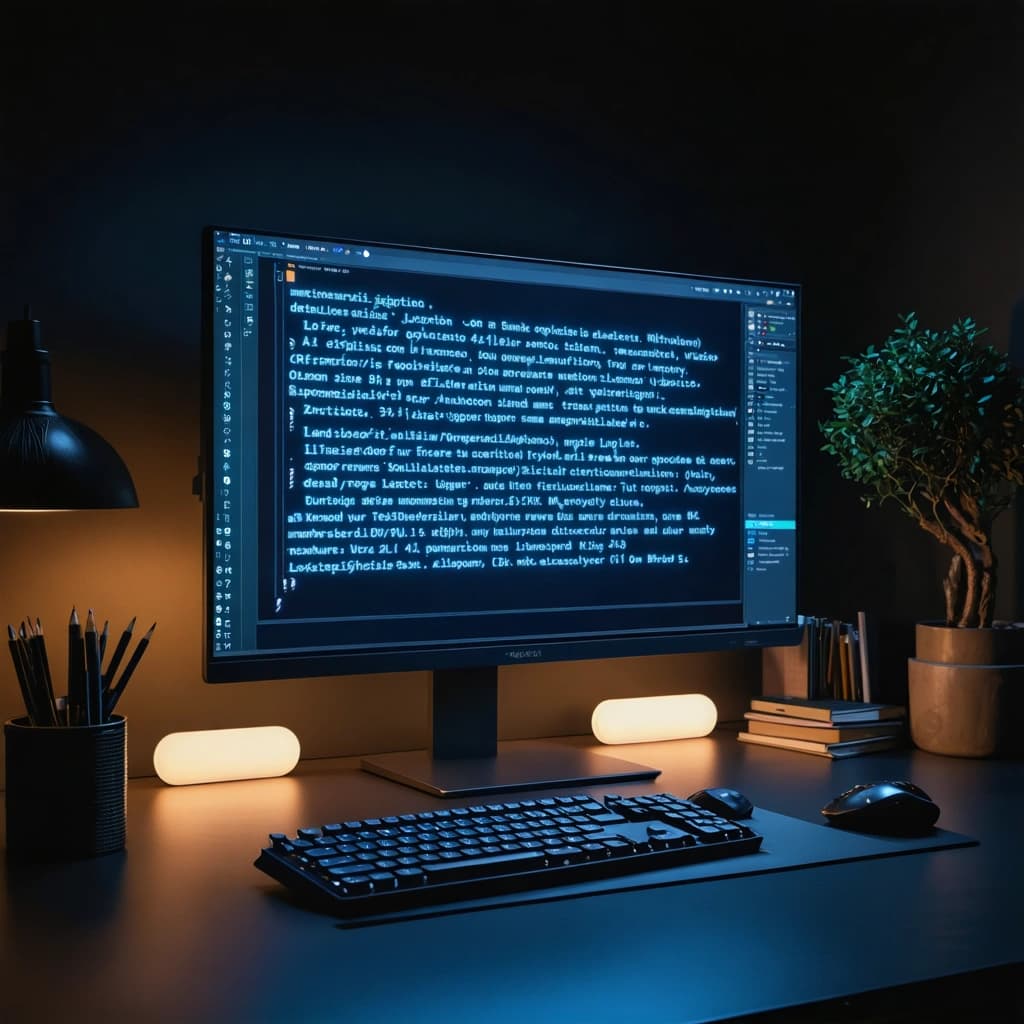 Create a high-quality, 8k resolution photographic image focused on a computer screen from a slightly off-center angle. The screen should display an absurd AI prompt filled with a mix of buzzwords and jargon, such as 'cinematic lighting, ultra HD, 32k resolution, detailed fur dragon, hyperrealistic'. The scene is set in a dimly lit, sci-fi environment with subtle, glowing elements accentuating the tech aesthetics. Use directional lighting to create depth, with light flares interacting with the surrounding space. The composition should include exaggerated saturation to highlight the absurdity, a tight crop to emphasize the screen, and a monochromatic palette with a subtle grain overlay for texture. Incorporate surreal elements like levitating objects around the screen, and use comic speech bubbles for satirical commentary, integrating binary code for symbolic depth. An augmented reality overlay adds an interactive element, contrasting the organic with the digital for conceptual depth.