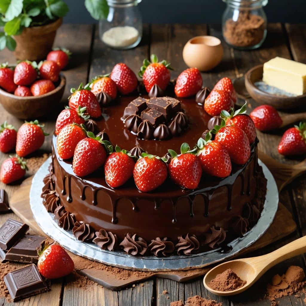 A hyper-realistic, decadent chocolate truffle cake on a rustic wooden table, topped with fresh, glistening strawberries and rich dark chocolate curls, smooth and glossy chocolate truffle glaze dripping slightly down the sides, velvety layers inside partially visible, surrounded by scattered baking ingredients: broken dark chocolate chunks, cocoa powder dust, a small bowl of strawberries, a butter wrapper, eggshells, and a wooden spoon with chocolate smear, soft moody lighting from a nearby window casting warm shadows, a blurred rustic kitchen in the background with hanging copper utensils and shelves of vintage jars, high-resolution food photography, cinematic depth of field, 85mm lens, f/2.0