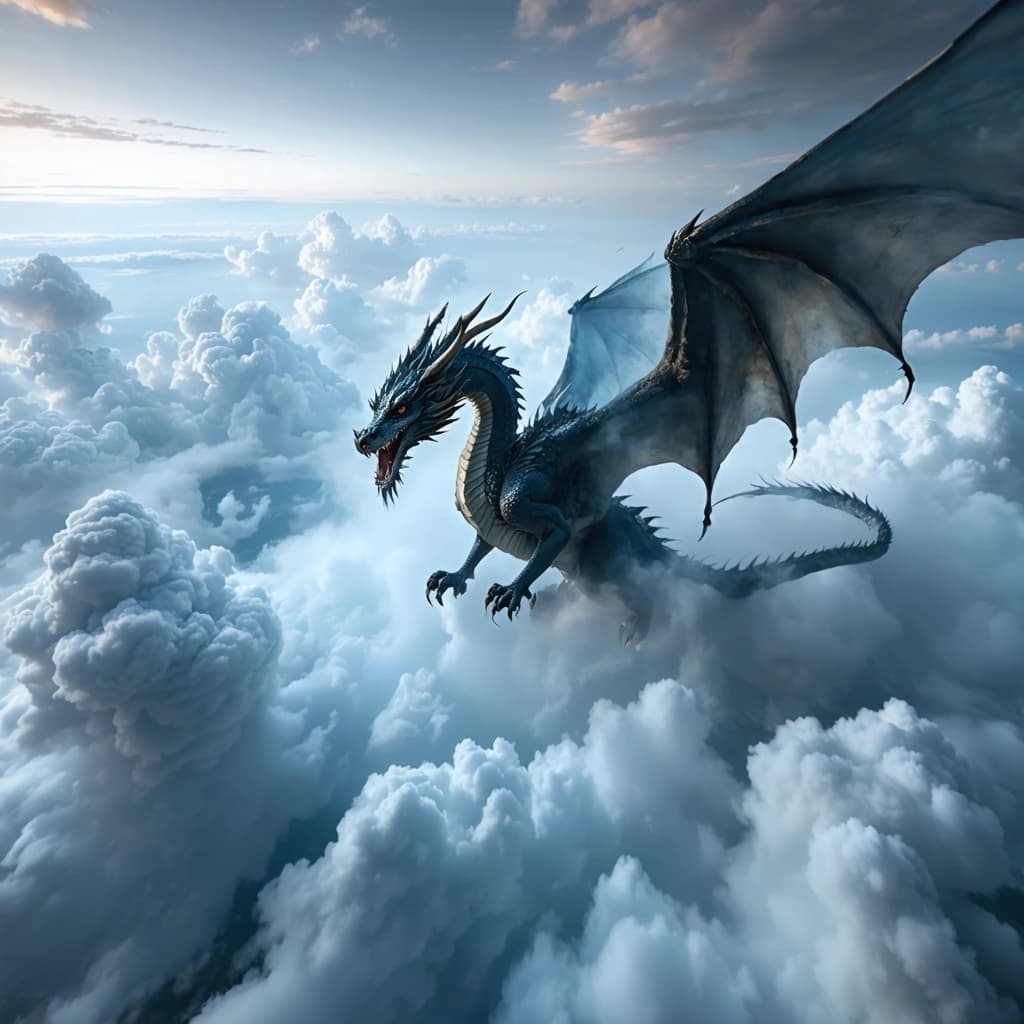 Create a high-quality, 8k resolution photographic image capturing the majestic essence of a dragon in flight, seamlessly blending into an ethereal landscape of cool-toned clouds. The scene unfolds from a top-down perspective, emphasizing the vast, open sky through the use of expansive negative space. The dragon's wings should show a subtle motion blur, enhancing the dynamic nature of its flight, while the clouds provide a sense of scale and depth through detailed individual formations and atmospheric perspective. Soft lighting from below casts a gentle glow on the dragon, highlighting its textures against the wispy cloud texture. The composition adheres to the rule of thirds for a balanced, cinematic feel, with the added intrigue of a mirror image reflection in the water below, subtly disrupted by a mist or fog, adding a layer of depth and mystery to the scene.