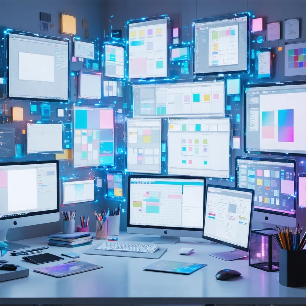 Envision a wallpaper that brings to life the bustling energy of a digital creator's workspace, with multiple editing tools like Photoshop, Canva, and Figma simultaneously open and alive with activity. These applications, represented through cluttered windows filled with resize handles, layers, and export screens, overlap each other in a dance of productivity. Each window has a glass-like finish, enhancing their texture, and they're adorned with neon colors that pop against a soft, ambient light from above. The windows are arranged in a symmetrical layout, with the active tool window enlarged to command focus, showcasing a mouse cursor hovering over a crucial tool, suggesting user interaction. From a bird's eye view, subtle drop shadows give depth to each window, while floating UI elements hint at a dynamic transition between tasks. Holographic displays within the windows hint at a futuristic workspace. This scene, balanced and aesthetically pleasing, is designed to captivate and inspire.