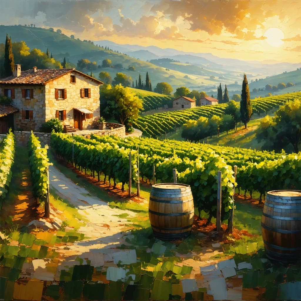 Textured oil painting of a sunlit vineyard estate, stone farmhouse, grapevines in rows, wooden barrels, rolling hills in distance, warm golden light, layered brush strokes, fine-art rustic illustration