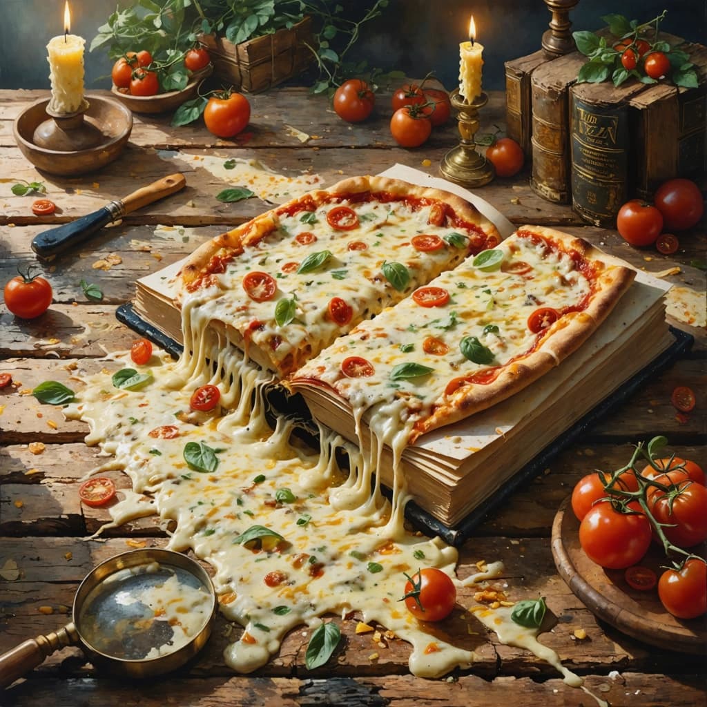 Envision a surreal scene where an open book rests on a rustic wooden table, its pages not of paper, but of rich, melted cheese that tantalizingly stretches as if caught mid-turn. Scattered across these cheesy pages are vibrant pizza toppings, each adding a burst of color and texture. This unique 'pizza literature' is captured from a top-down perspective, emphasizing the melty details and the vividness of the ingredients. The composition is bathed in soft, diffused light, lending the entire scene a warm, inviting glow reminiscent of candlelight. A vintage magnifying glass lies nearby, its lens playfully enlarging a particularly gooey section of cheese, adding a touch of whimsy. The shallow depth of field gently blurs the edges of the scene, focusing attention on the book and its delicious contents. A trail of pizza crumbs leads off the edge of the table, suggesting a narrative of indulgence and discovery. Throughout the scene, the colors are saturated yet balanced, creating a harmonious contrast that's both appetizing and aesthetically pleasing. To further enhance the visual appeal, a glowing edges filter subtly highlights the scene's contours, adding a magical quality to this culinary adventure.