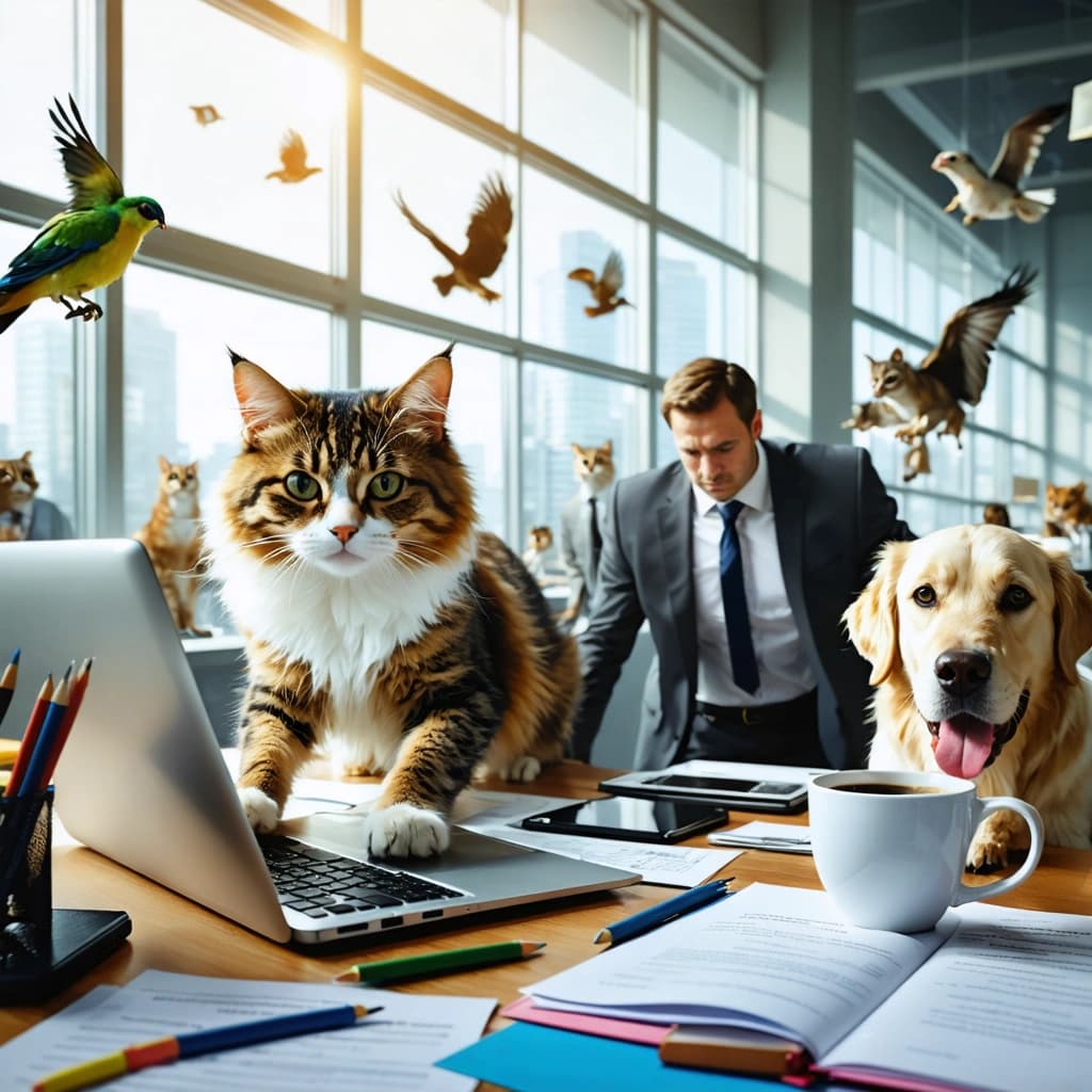 Create a photographic image capturing a modern corporate office bathed in dynamic sunlight streaming through large windows, enhancing the scene's vibrant colors and detailed textures. From a low-angle perspective, the office is a whirlwind of activity as animals of all kinds enact human roles with playful humor: a cat in a business tie intently typing on a laptop, a golden retriever gleefully pushing a swivel chair, a parrot perched precariously on a monitor with sticky notes clasped in its beak, and squirrels scurrying by with tiny briefcases. Amidst the chaos, coffee cups spill, papers flutter in mid-air, and desk plants lie upturned. Humans stand at the periphery, expressions of disbelief painted on their faces. The scene is alive with motion blur capturing the dynamic movement, reflective surfaces adding depth with their reflections, and photorealistic animal fur textures contrasted against the office's sleek modernity. Enhanced by cinematic depth of field, the composition balances the absurdity with anchor points of office furniture, creating a surreal yet hyper-realistic tableau that invites the viewer into its playful and chaotic harmony. Ensure the image is in 8k resolution, showcasing professional photography qualities with sharp focus, realistic textures, especially fur and reflections, and a lively atmosphere through boosted saturation and detailed, accurate animal behaviors.