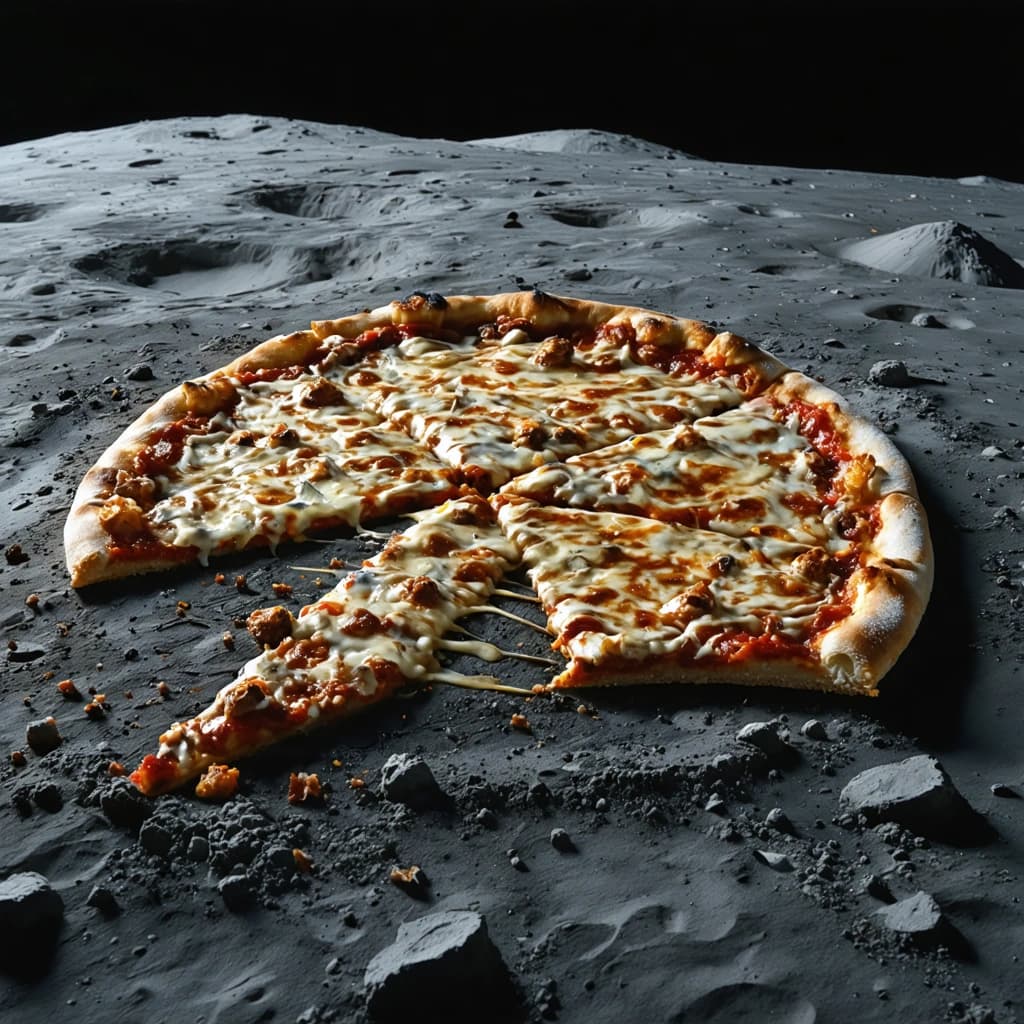 Craft a captivating food photography scene where the main subject is a tantalizing pizza resting on moon dust, capturing the unique essence of astronauts enjoying a cheese slice. Utilize soft, diffused lighting to enhance the visual appeal, ensuring the composition adheres to the rule of thirds for a balanced and engaging image. The color palette should contrast beautifully with Earth's vibrant hues visible in the background, providing a stunning backdrop. Emphasize the texture by focusing closely on the cheese melting on the pizza slice, employing a shallow depth of field to make it stand out crisply against the softer background. Incorporate storytelling by capturing an astronaut's expression of delight and surprise as they bite into the cheese slice, making the scene not just about the food but also about the extraordinary experience of eating it in space. The overall style should be appetizing, professional, and stylish, drawing the viewer into this unique culinary adventure.