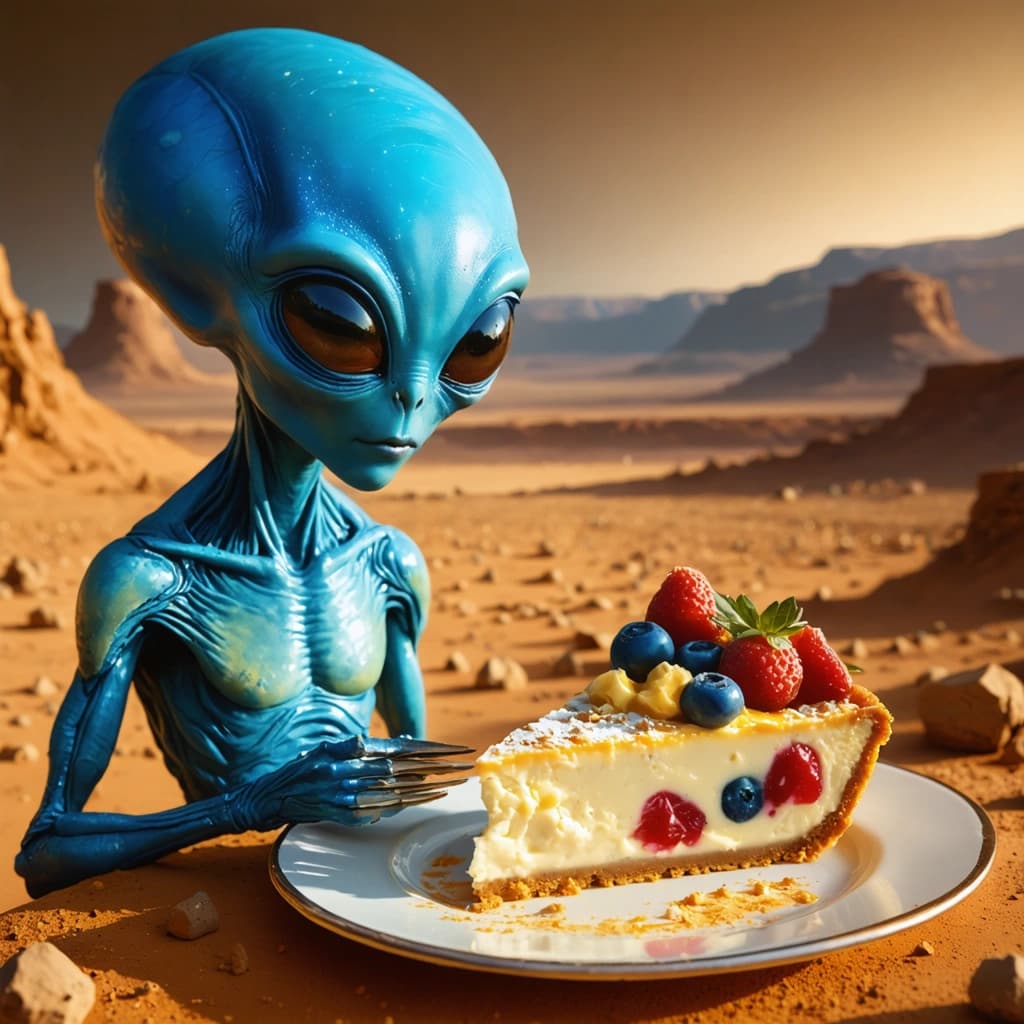 Create a photographic image capturing a moment of wonder as a blue-headed, single-eyed alien encounters a cheesecake on Mars. The alien, adorned with subtly glowing eyes and detailed scales, examines the dessert with a curious expression. The cheesecake, artistically presented with decorative toppings, sits on a sleek, futuristic table. Employ soft, diffused lighting to enhance the scene's tranquility, focusing on the complementary colors of the alien's blue tones against the reddish hues of the Mars landscape, creating a striking contrast. Compositionally, adhere to the rule of thirds to give the image a balanced, cinematic feel, with the alien and cheesecake positioned to draw the viewer's eye. Utilize a low angle perspective to convey the alien's powerful presence while maintaining a shallow depth of field to emphasize the subject against the mysterious, yet detailed Mars backdrop, dotted with futuristic elements. Texture and detail should be highly pronounced, particularly in the alien's scales and the cheesecake's creamy texture. Integrate a subtle vignetting effect to guide focus towards the center of this curious interstellar interaction, capturing the essence of discovery and wonder in an 8k resolution, ensuring a professional, sharp, and highly detailed photographic quality.