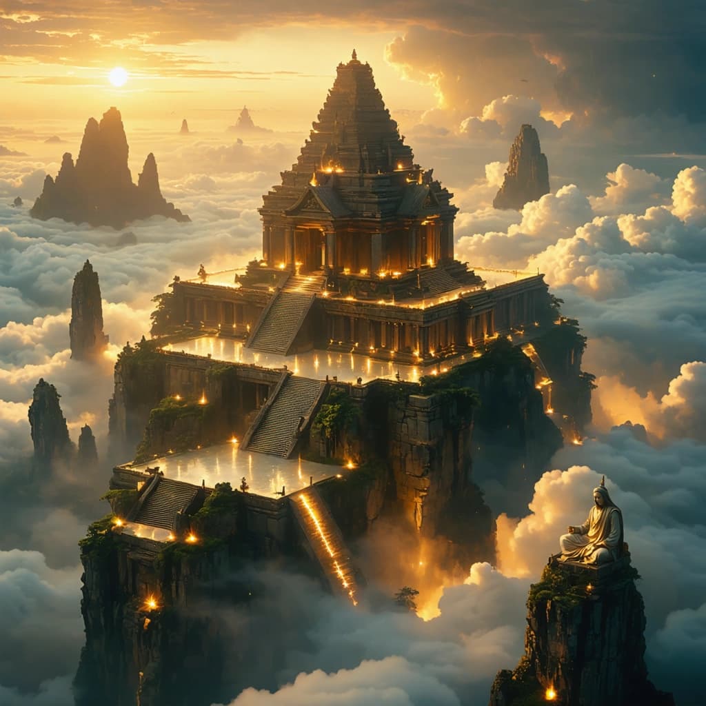 Envision an ancient temple, floating magically above the clouds, bathed in a golden light that cascades through the scene. This temple, a cinematic masterpiece of fantasy, is surrounded by weathered stone statues of colossal size, their features eroded yet majestic, standing guard over a landscape that defies the ordinary with floating islands and geometric patterns carved into the very sky. The color palette is a symphony of golden hues, with gilded details accentuating the textures of stone and cloud alike. The composition is dynamic, viewed from a diagonal perspective that lends a sense of sweeping motion to the clouds, while forced perspective emphasizes the grandeur of the temple and statues. The scene is alive with magical effects; glittering sparkles dance in the air, imbuing the space with quiet serenity. Mysterious figures appear, their presence adding a narrative depth, as lotus flowers bloom, symbols of purity against the light and dark contrast of the scene. Levitating objects and surreal elements further blur the line between fantasy and reality, creating a thought-provoking masterpiece that invites the viewer to pause and reflect.