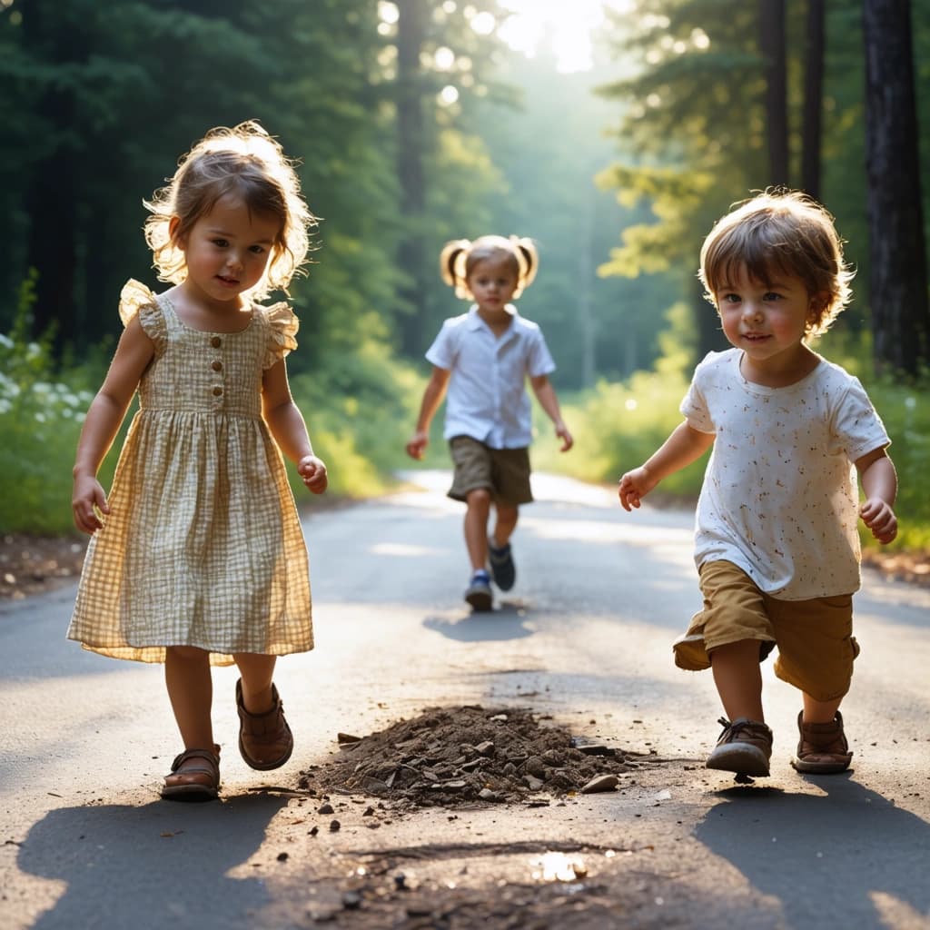 Craft a photographic image capturing the essence of childhood innocence and exploration. Picture children playing naturally on a quiet, slightly worn road, their candid expressions of joy and concentration lit by a soft, overcast daylight that casts realistic shadows and highlights across their features. Their skin is alive with authentic tones, textures, and the fine detail of pores, framed by slightly messy hair and clothes marked with the adventure of play—dirt stains and all. The environment breathes life into the scene with its subtle, muted colors, details like road cracks, fallen leaves, and small stones adding to the authenticity. Motion is a whisper, seen in the natural blur of a child mid-run, their movements frozen in time yet bursting with energy. The background, a study in the beauty of the understated, fades into a gentle blur, emphasizing the shallow depth of field characteristic of 35mm film photography. This scene, rich in analog realism, should feel like a hyperrealistic photograph, complete with the graininess of film and the nuanced imperfections of a real moment captured. Enhancements should focus on skin textures, authentic environmental details like enhanced road cracks, natural motion blur, authentic expressions with a sparkle in their eyes, and the delicate balance of light and shadow that only soft daylight can provide. The setting and subjects should resonate with a cinematic composition, inviting the viewer into a moment of pure, unscripted life.
