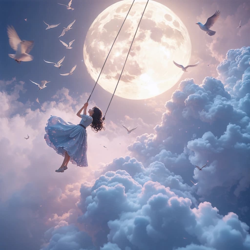 Create a surreal, Ghibli-inspired artwork capturing a girl swinging serenely in the clouds, as if appearing magically out of nowhere. The scene should radiate a dreamy, pastel mood, with a soft glow effect enveloping the main subject to enhance the dreamlike atmosphere. Incorporate floating objects to emphasize the surreal element, alongside whimsical details such as flying birds weaving through a layered cloudscape. Utilize pastel color grading for a gentle, soothing visual experience, and add fluffy cloud textures to create depth. The mysterious moonlight glow should illuminate the scene, contrasted by dark silhouettes to balance the composition. A magical rainbow arc adds to the magical atmosphere, and the girl’s joyful expression focuses on the emotion of the moment. Wind motion blur should suggest movement, with cloud morphing and dreamy mist around the edges for magical transitions and enchanting visual storytelling.