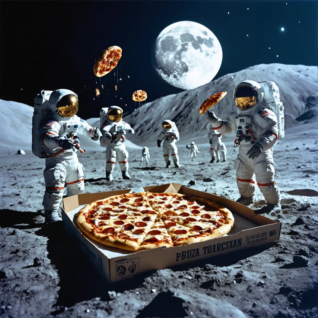 Create a surreal artwork capturing the essence of astronauts on the moon's surface, engaging in the whimsical activity of tossing pizza slices like frisbees. The scene unfolds with an oversized pizza box lying open, its giant stature dwarfing the astronauts, emphasizing the play of scale and proportion. The moon's landscape glows under an ethereal moonlight, casting long, dramatic shadows and illuminating this otherworldly pizza party. Craters on the moon's surface mimic the appearance of pizza toppings, blending the familiar with the alien. Astronauts, captured in exaggerated poses, convey motion and dynamics, their futuristic suits contrasting with the retro design of the pizza box, symbolizing the melding of different eras. Red and blue tones dominate the scene, creating a striking contrast that enhances the surreal atmosphere. Alien spectators add a layer of narrative storytelling, watching in amusement. A blur effect on the pizza slices in mid-air injects a sense of motion, while hidden details like a moon rock shaped like a pizza slice invite closer inspection. This scene, rich in symbolism and metaphor, explores themes of exploration and sharing in a dreamlike, surreal setting.