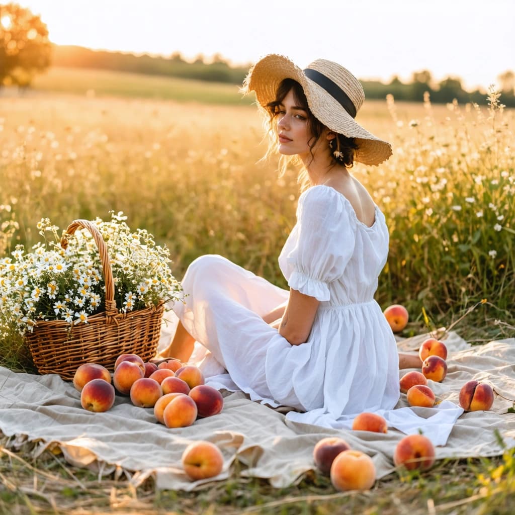 Craft a high-quality, 8k resolution photographic image capturing a fashion model seated barefoot on a picnic blanket amidst an open countryside field. The model, adorned in a flowy white linen dress paired with a straw hat, is surrounded by a picturesque arrangement of wildflowers and fresh peaches, embodying a rustic summer moodboard aesthetic. This scene is bathed in the golden hour sunlight, with soft pastel tones enhancing the dreamy, cinematic mood. The image should experiment with backlighting to create a halo effect around the model, highlighting the delicate fabric texture and natural beauty with minimal makeup. Incorporate dynamic poses and gestures that evoke an editorial photography style, focusing on a bird's eye view to offer a unique perspective. The composition should integrate a subtle film border and vintage film grain overlay for a vintage look, while strategically positioned wildflowers and a bokeh effect for the dreamy background emphasize the rustic summer aesthetic. Color grading should accentuate pastel tones, and the image should convey a candid, natural interaction with the surroundings, completed with a soft linen texture overlay for added tactile depth.