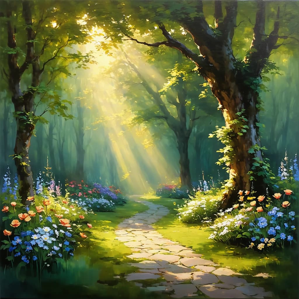 Envision a secret garden unveiled at the first light of dawn, where the air itself seems to glow with a soft, golden hue. This garden, hidden away from the world, is alive with the gentle stirrings of nature waking. Imagine you're painting this scene on canvas, using oil paints with soft, impressionist brush strokes that blend colors and light with a dreamlike quality. The trees, veiled in a glowing mist, stand as silent guardians over delicate wildflowers, each petal and leaf illuminated by the golden dawn. In the foreground, a pathway hinted at but not fully revealed, invites the viewer to wander and discover what lies beyond. This path is flanked by macro-focused wildflowers, their colors enhanced by the warm golden tones of the morning light. Floating ribbons of light weave through the scene, suggesting a magical quality, as glowing fireflies dance in the air. Butterflies flutter amidst falling leaves, each detail contributing to the sense of a timeless, tranquil moment captured. A quiet water feature adds a sense of tranquility, its surface reflecting the soft light and colors of the dawn. In the soft-focus background, sunlight filters through the leaves, creating a tapestry of light and shadow. Throughout this garden, the presence of light and life is symbolized by a keyhole, suggesting an entrance to this ethereal world. The entire scene is a harmonious blend of natural beauty, magical elements, and a serene atmosphere, inviting the viewer to lose themselves in this secret garden at dawn.