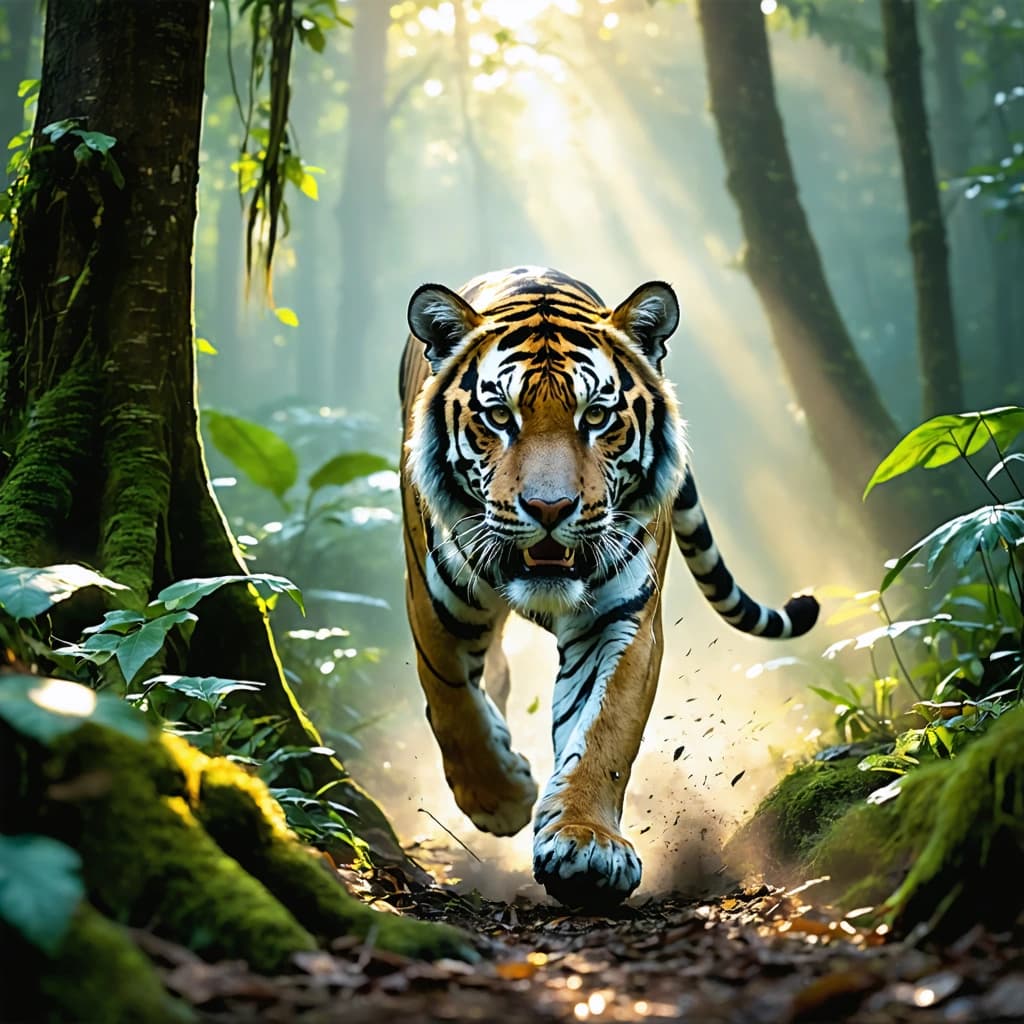 Craft a photorealistic image capturing the essence of a majestic tiger in the midst of a dynamic stride through a dense jungle shrouded in morning mist. The scene is illuminated by soft beams of sunrise light filtering through the trees, casting a warm glow on the earth tones of the jungle with vibrant green accents. The tiger's fur is detailed in motion, each strand animated by its movement, reflecting the light and casting intricate shadows that play across its stripes. The intense gaze of the tiger is directed towards the viewer, piercing through the mist with a sharp focus, while the jungle background blurs softly, creating a dreamy atmosphere. The foliage is rich in variety, featuring subtle textures and patterns such as the natural wood grain of the tree bark. A subtle reflection of the tiger can be seen in the water, embellishing the scene with a touch of realism. Gentle raindrops hang in the air, adding to the depth of the environment. This scene is to be captured with the finesse of professional photography, employing a cinematic composition and a dynamic diagonal walk of the tiger through the frame, optimizing for 8k resolution, sharp focus, and a depth of field that highlights the tiger against a softly focused, dreamy background.