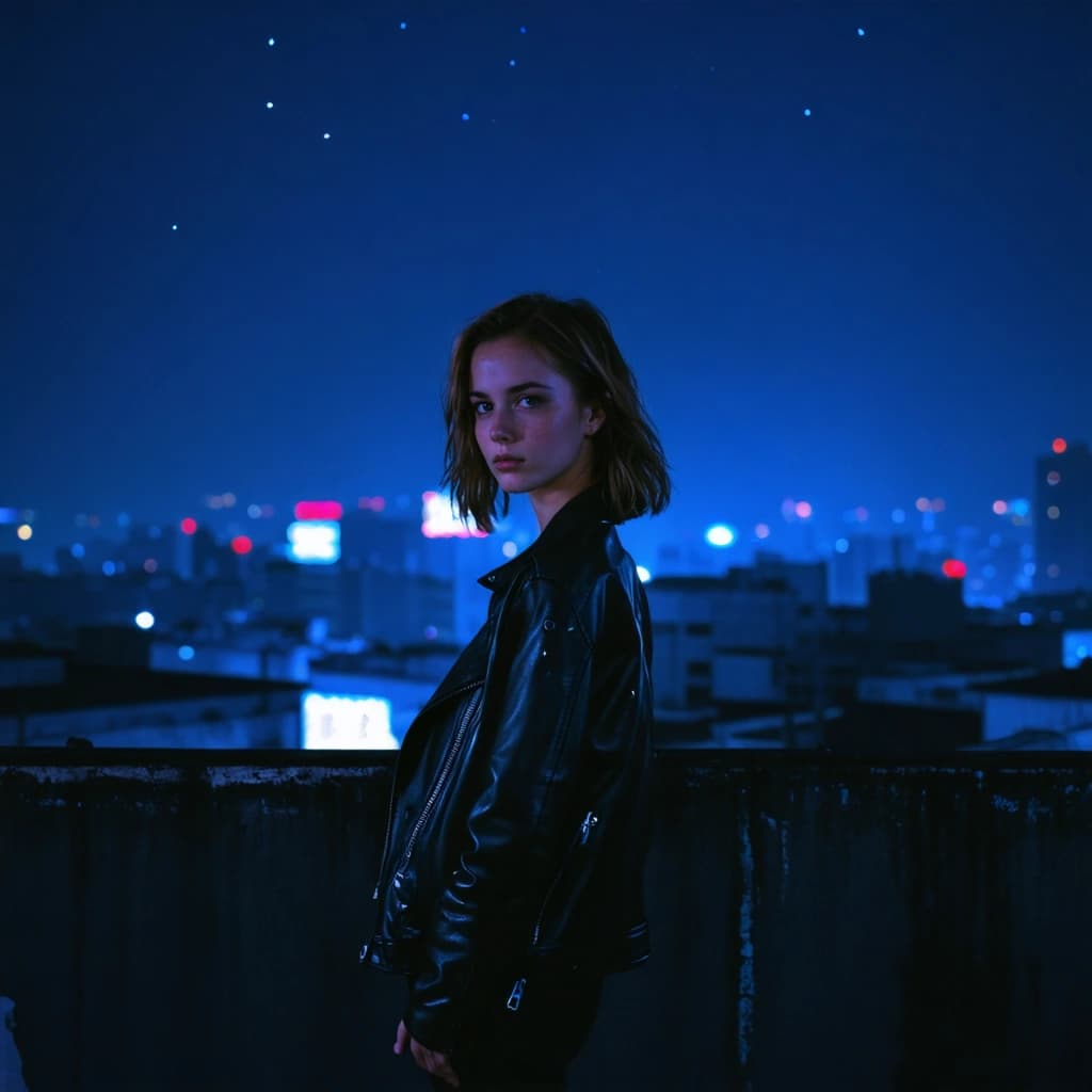 A high-resolution, photorealistic image of a young woman standing alone on a city rooftop at night, the skyline behind her glowing with the soft luminescence of office windows, neon signs, and distant traffic lights. She’s wearing a sleek black leather jacket, her hair lightly tousled by the cool breeze. The sky is a deep navy, with stars faintly visible. Subtle rim lighting outlines her silhouette from a nearby rooftop lamp or moonlight. Her eyes reflect the glow of the city, giving a quiet yet powerful presence. Soft lens flares, a slight bokeh from distant lights, and a reflective puddle on the rooftop surface create cinematic depth and realism. The atmosphere is moody, introspective, and slightly mysterious.

