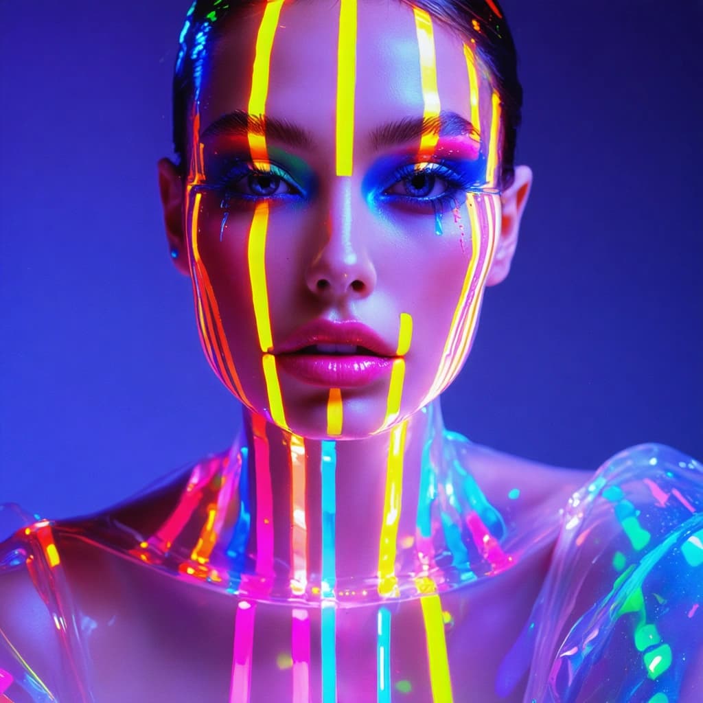 Create a photographic image capturing a hyper-realistic portrait of a fashion model adorned with artistic makeup featuring vertical stripes in electric blue, hot pink, neon yellow, and emerald green. The model's gaze is striking, with glowing skin and expressive eyes that sparkle, enhancing the overall vivacity of the portrait. They wear a futuristic resin dress, glossy, translucent, and sculpted, embodying wearable art. The background bursts with vibrant gradients and abstract splashes, complementing the makeup's energy, illuminated by cinematic, color gradient lighting that casts dynamic shadows and highlights, creating a bokeh effect that blurs everything but the model. The focus is razor-sharp on the model's face, neck, shoulders, and upper torso, employing a shallow depth of field to emphasize the intricate makeup details and the subtle reflections on the resin dress. This high-fashion editorial shot, reminiscent of a Vogue cover, combines ultra-detail, vibrant color palette, beauty photography, and resin fashion in a composition that boasts cinematic lighting, sharp focus, and a dynamic angle, capturing the essence of high fashion with a film noir influence.