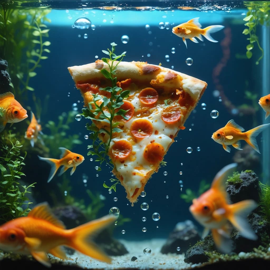 Envision a whimsical underwater scene inside a goldfish tank, where the unexpected encounter of a floating pizza slice creates a humorous tableau. The main focus is an overhead shot capturing this quirky moment with a soft ambient glow highlighting the scene. The pizza slice, adorned with seaweed as if garnished by the sea itself, is in selective focus, drawing the eye with its vibrant contrasts against the blue aquatic backdrop. Surrounding it, goldfish with shimmering scales react in amusing ways, their movements causing gentle water ripples and dynamic motion, suggesting the pizza is slowly drifting. Bubbles rise around, adding a light-hearted visual effect. The scene is further enriched with seashell decorations dotting the sandy bottom, blending the surreal with the familiar. Employ high contrast and bold colors to make the details pop, from the vivid orange of the goldfish against the deep blue water to the lush green seaweed atop the pizza. The composition is carefully balanced to evoke a sense of delightful surprise, engaging the viewer in this unexpected underwater feast.